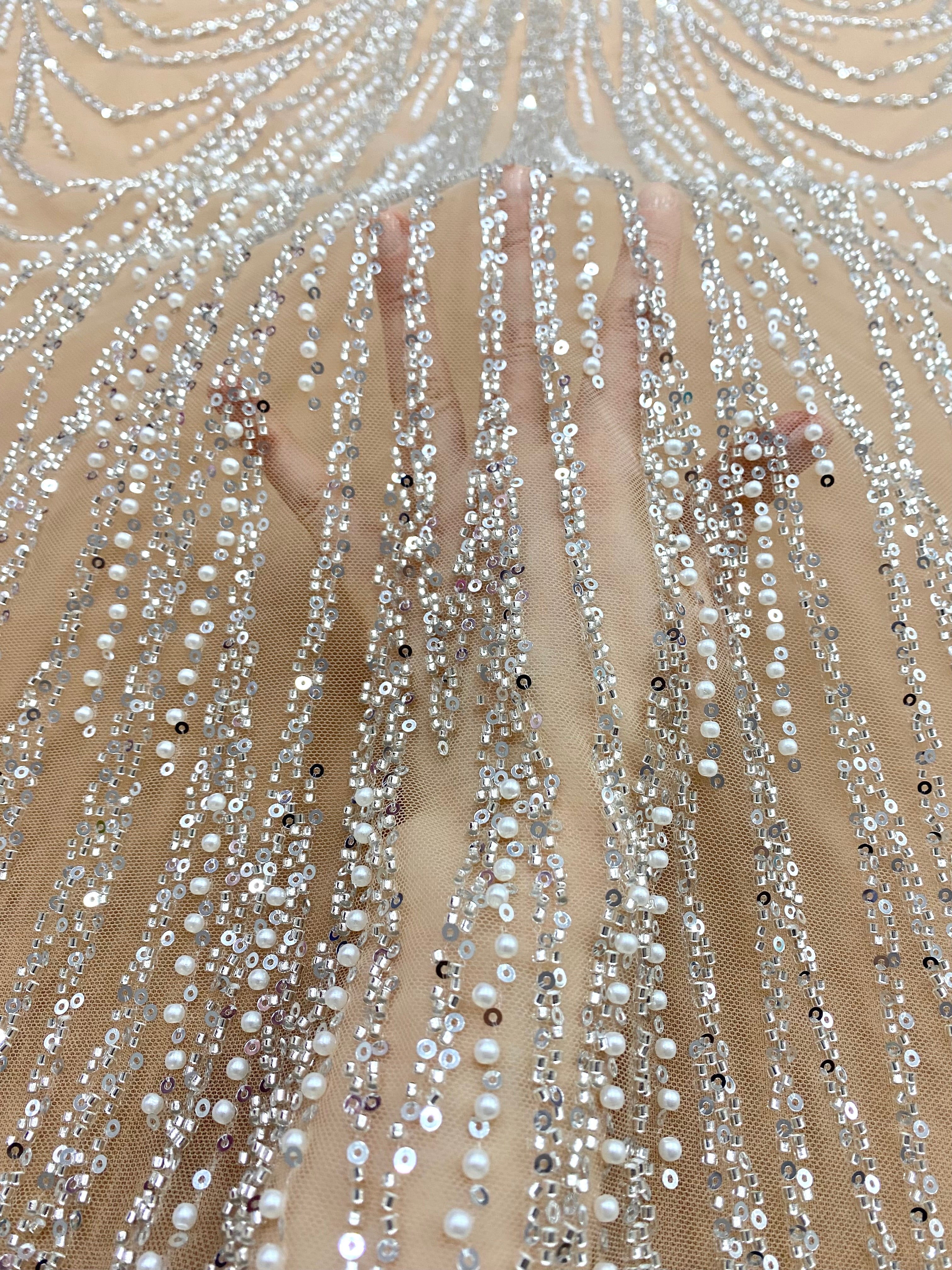 Silver Couture Lace on Nude Tulle with Linear Pattern, with Beads and Sequins