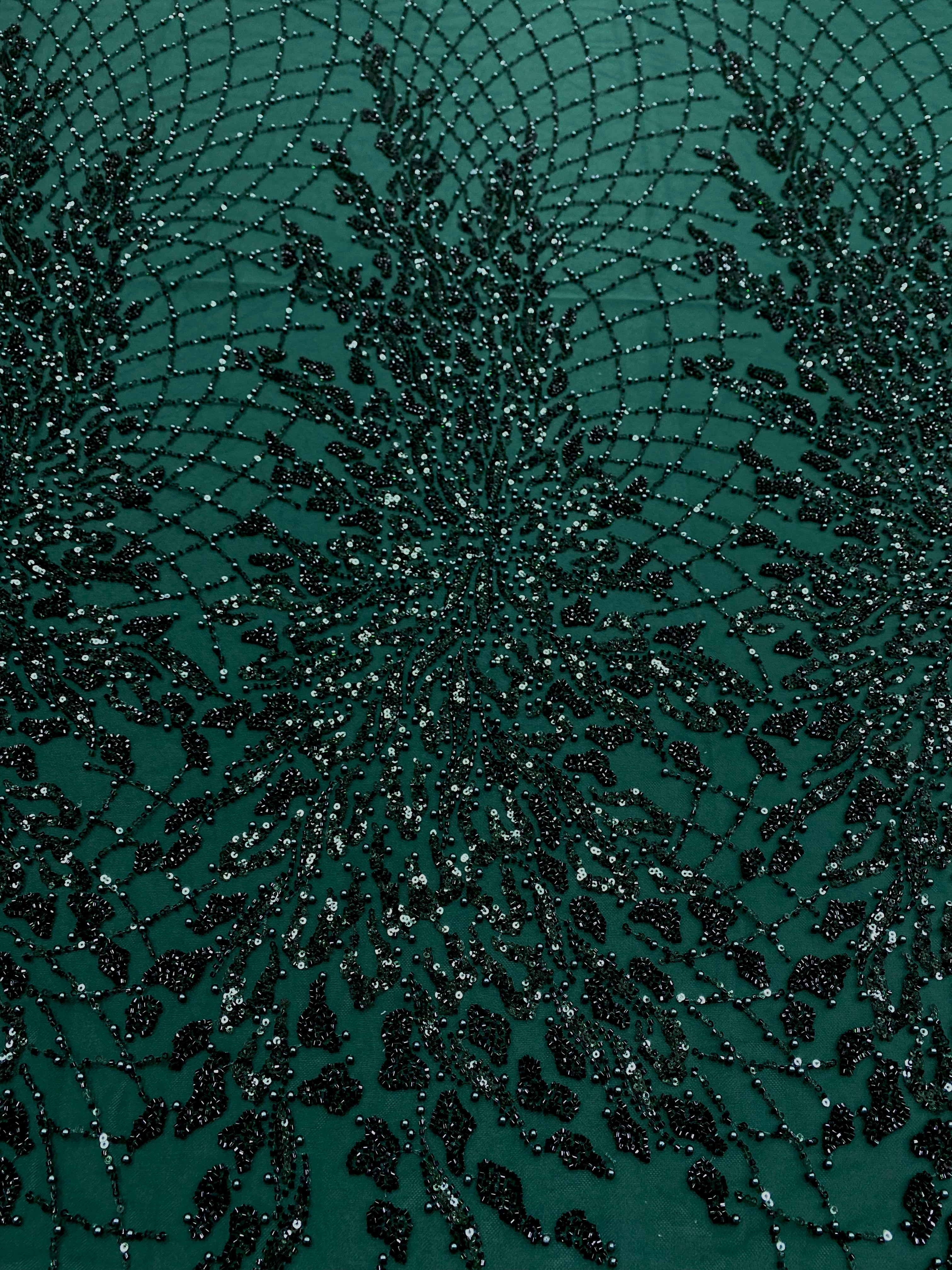Dantela Couture Verde Inchis cu Frunze, cu Perle, Margele si Paiete