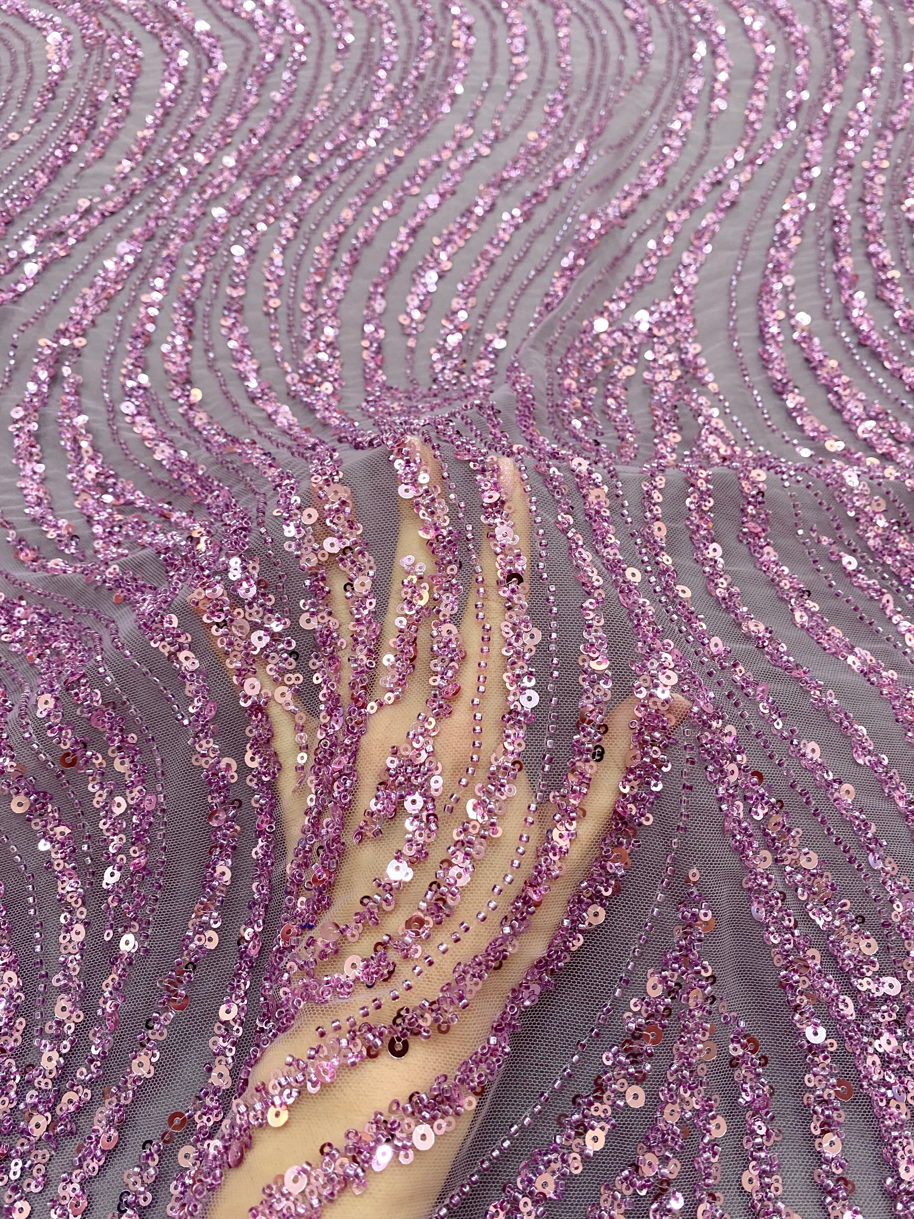 Powder Couture Lace with Linear Pattern, with Beads and Sequins
