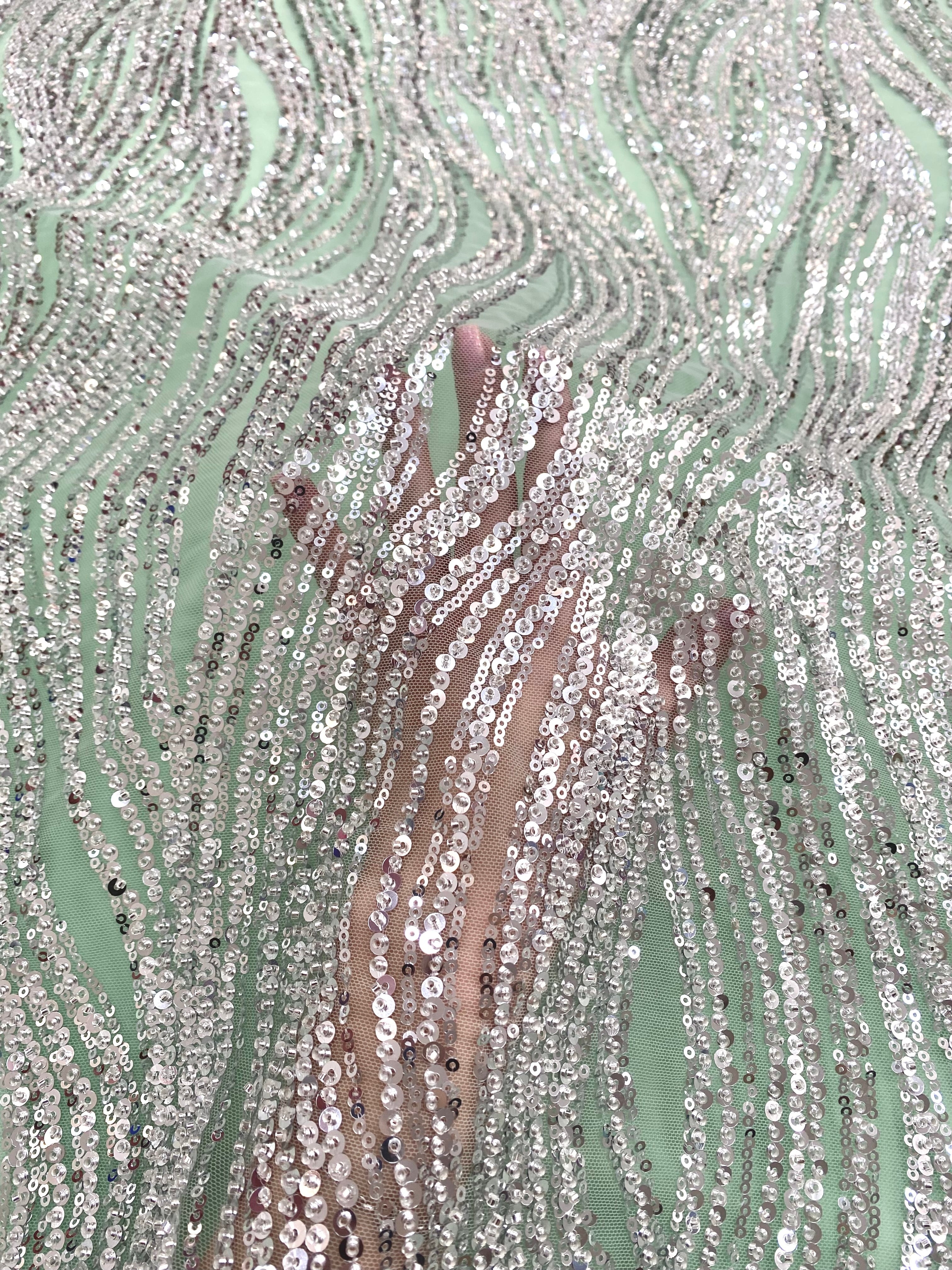 Silver Couture Lace on Mint Green Tulle with Linear Pattern, Beads and Sequins