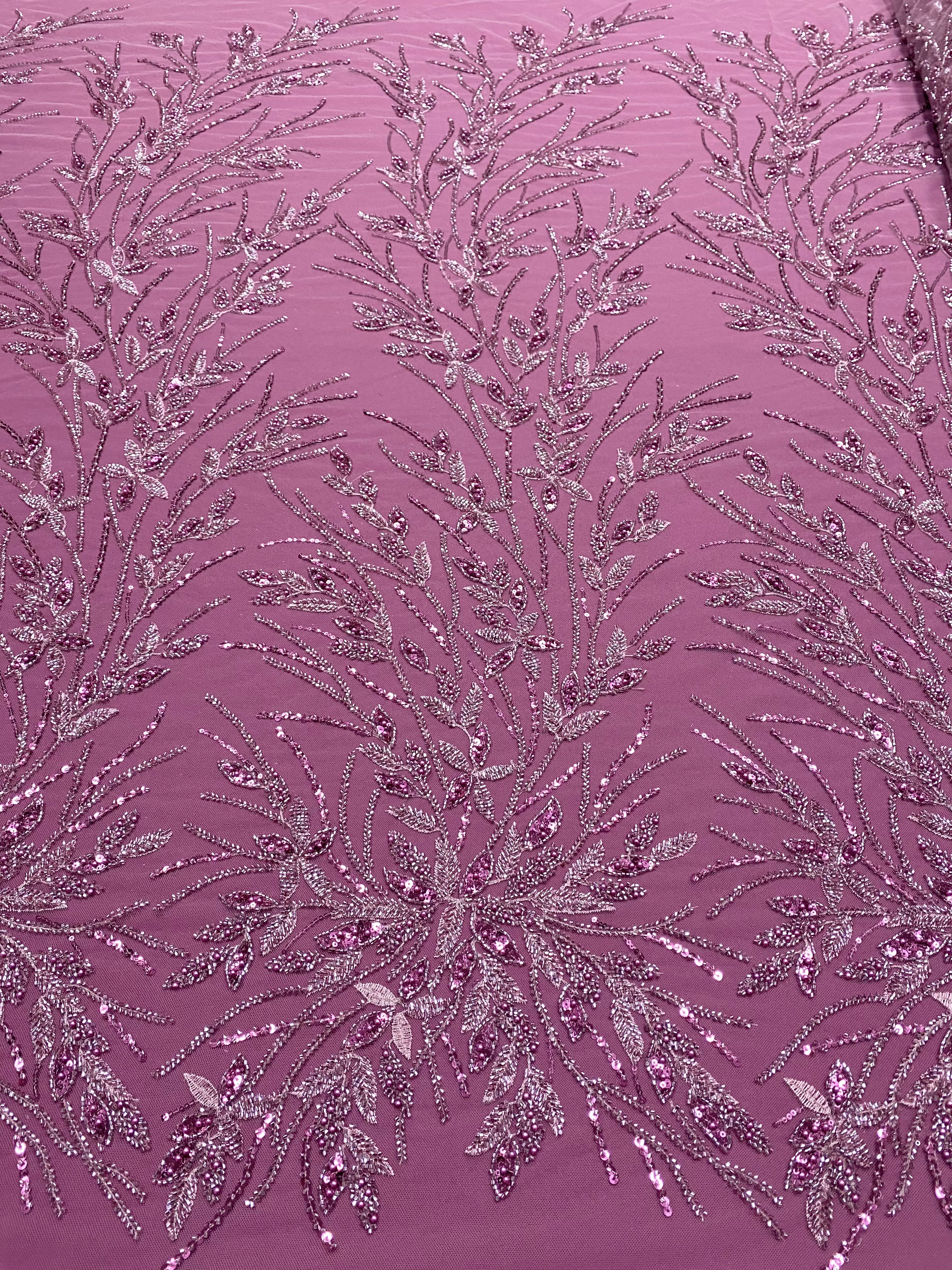 Magenta Couture Lace with Floral Pattern, Pearls, Beads and Sequins 