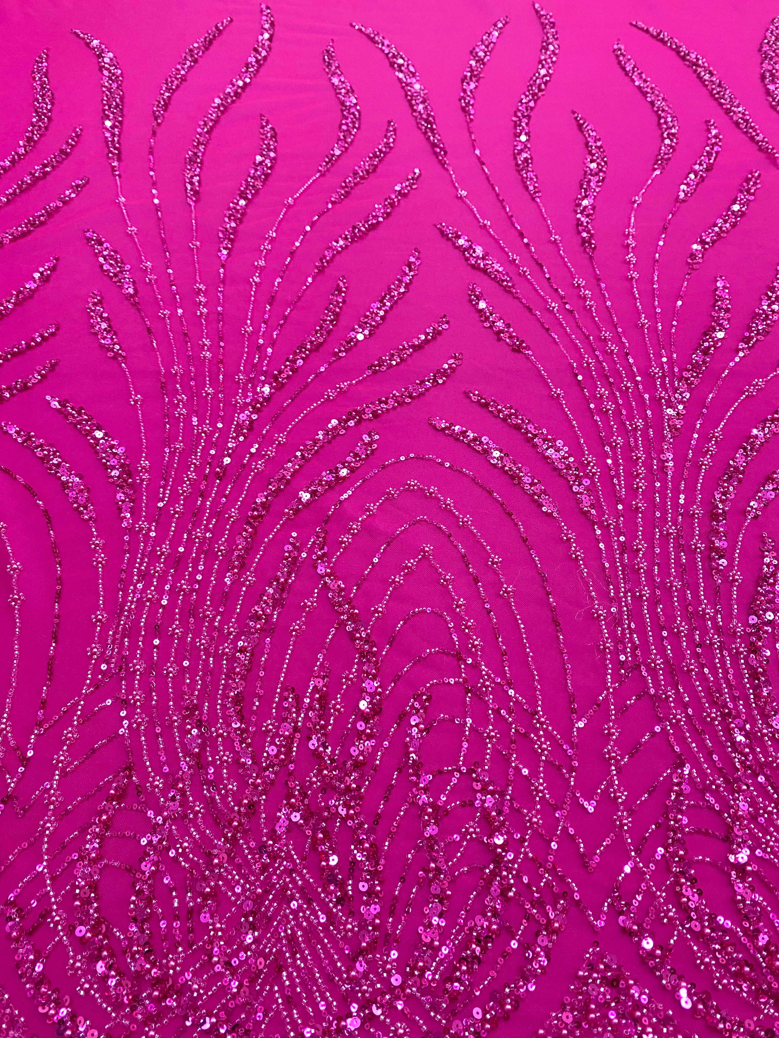Dantela Couture Fucsia cu Panou, cu Perle, Margele si Paiete