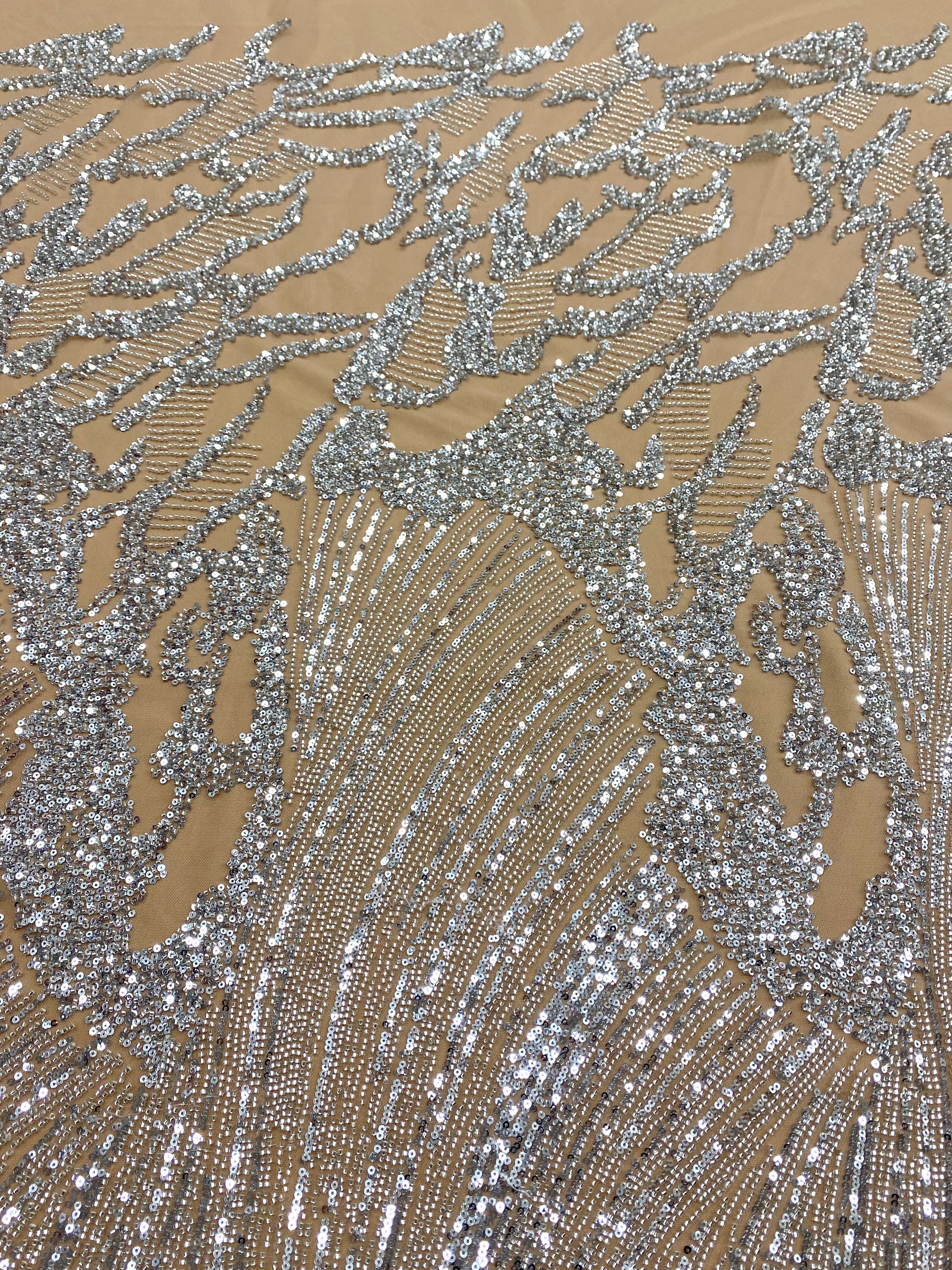 Silver Couture Lace on Nude Tulle with Geometric Pattern, Beads and Sequins