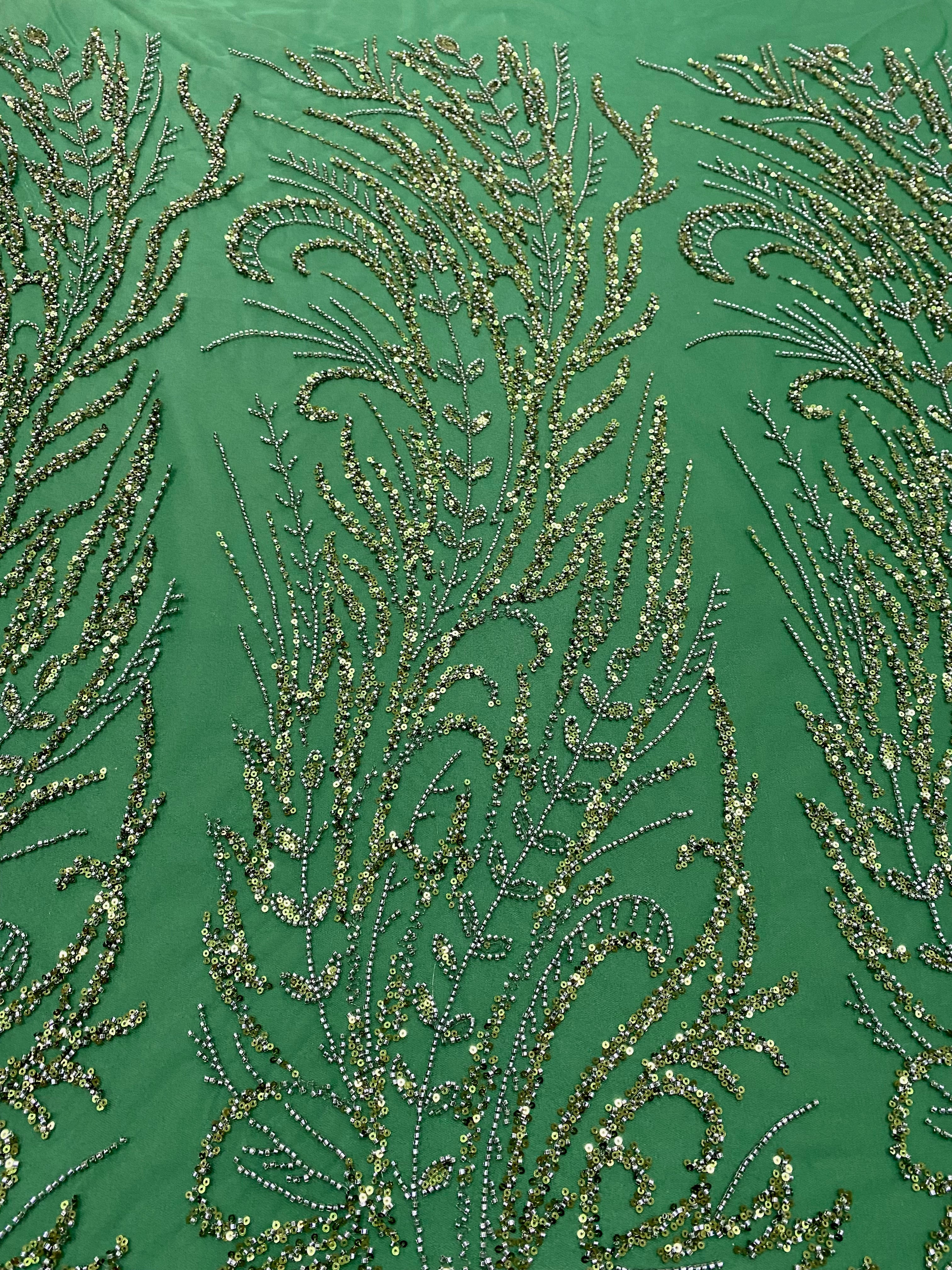 Emerald Green Couture Lace with Floral Pattern, Beads and Sequins