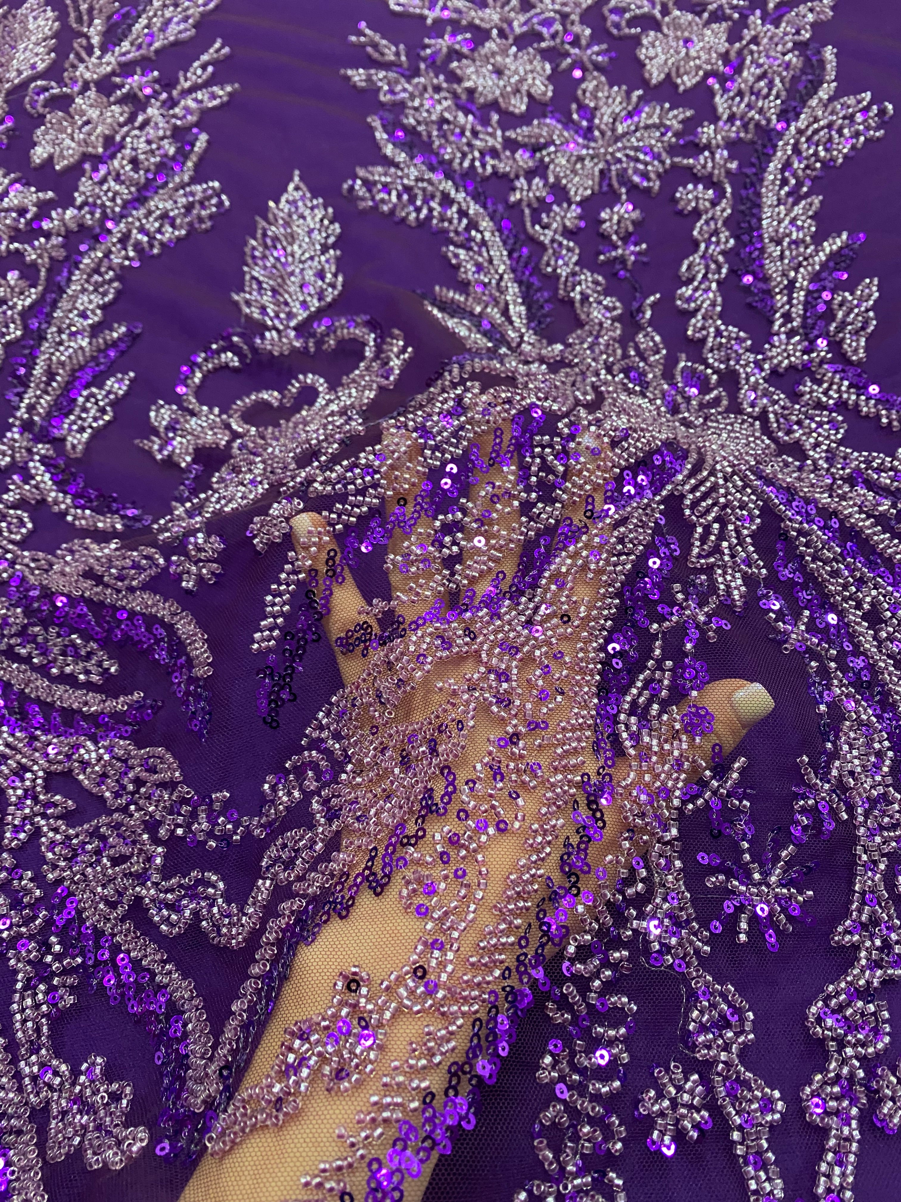 Dantela Couture Mov Inchis cu Model Floral, cu Margele si Paiete