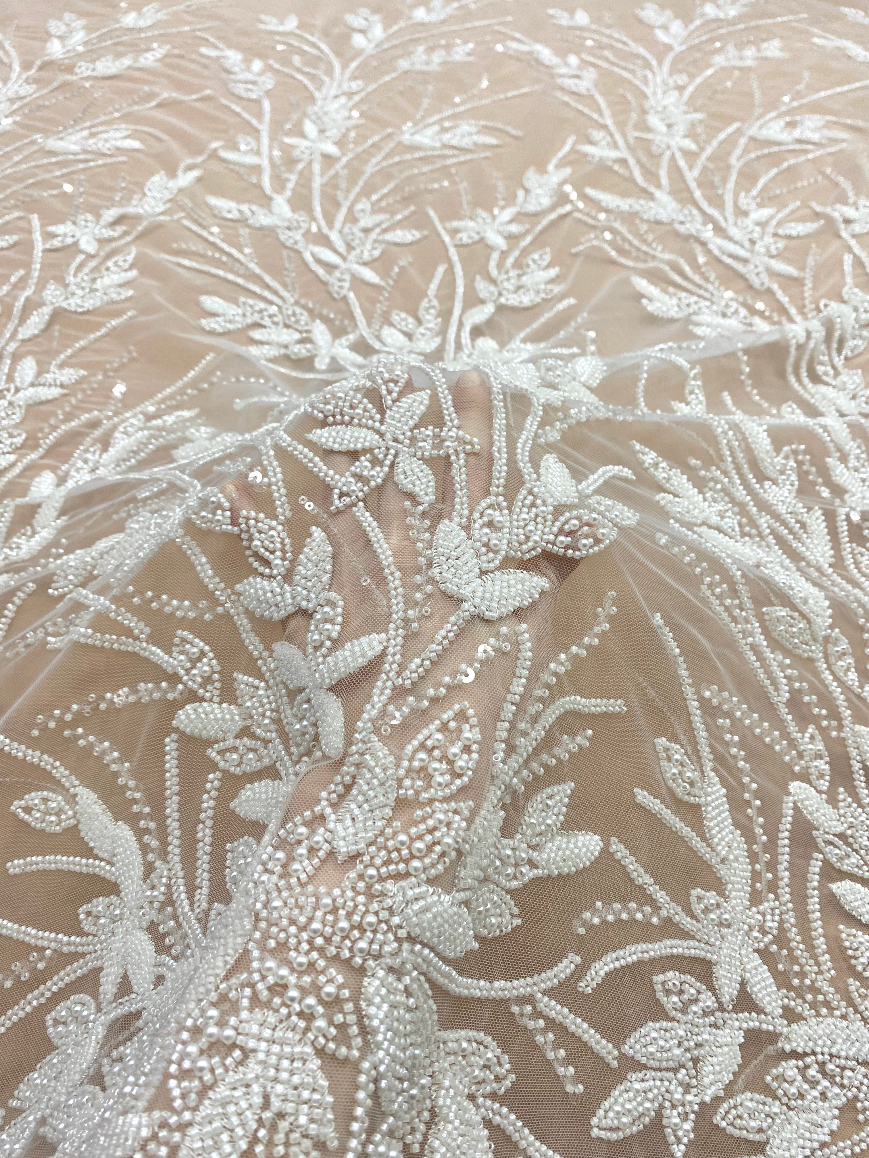 Ivory Couture Lace with Floral Pattern, Pearls, Beads and Sequins