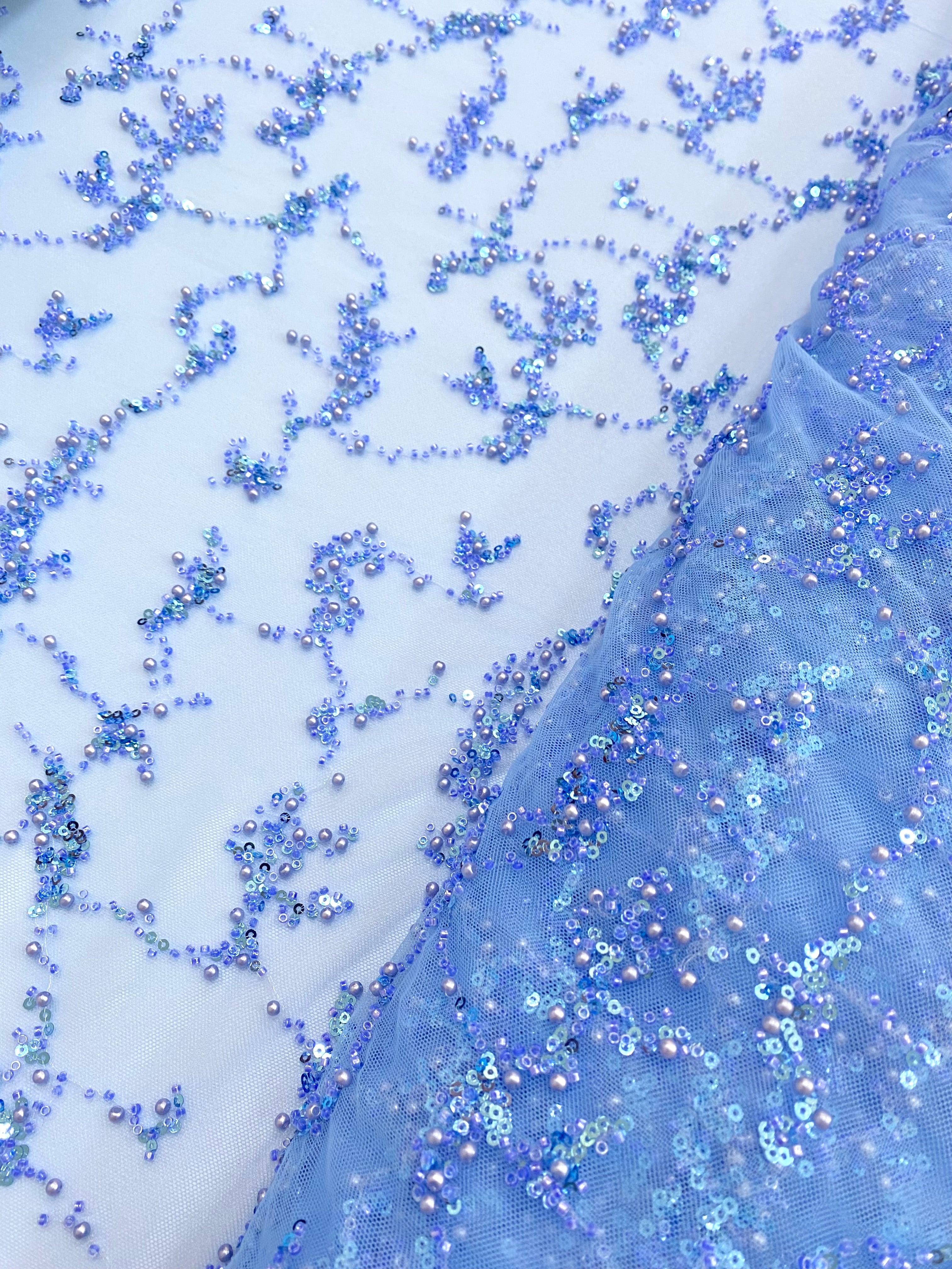 Silver Lace with Nude Tulle with Linear Pattern, Beads and Sequins