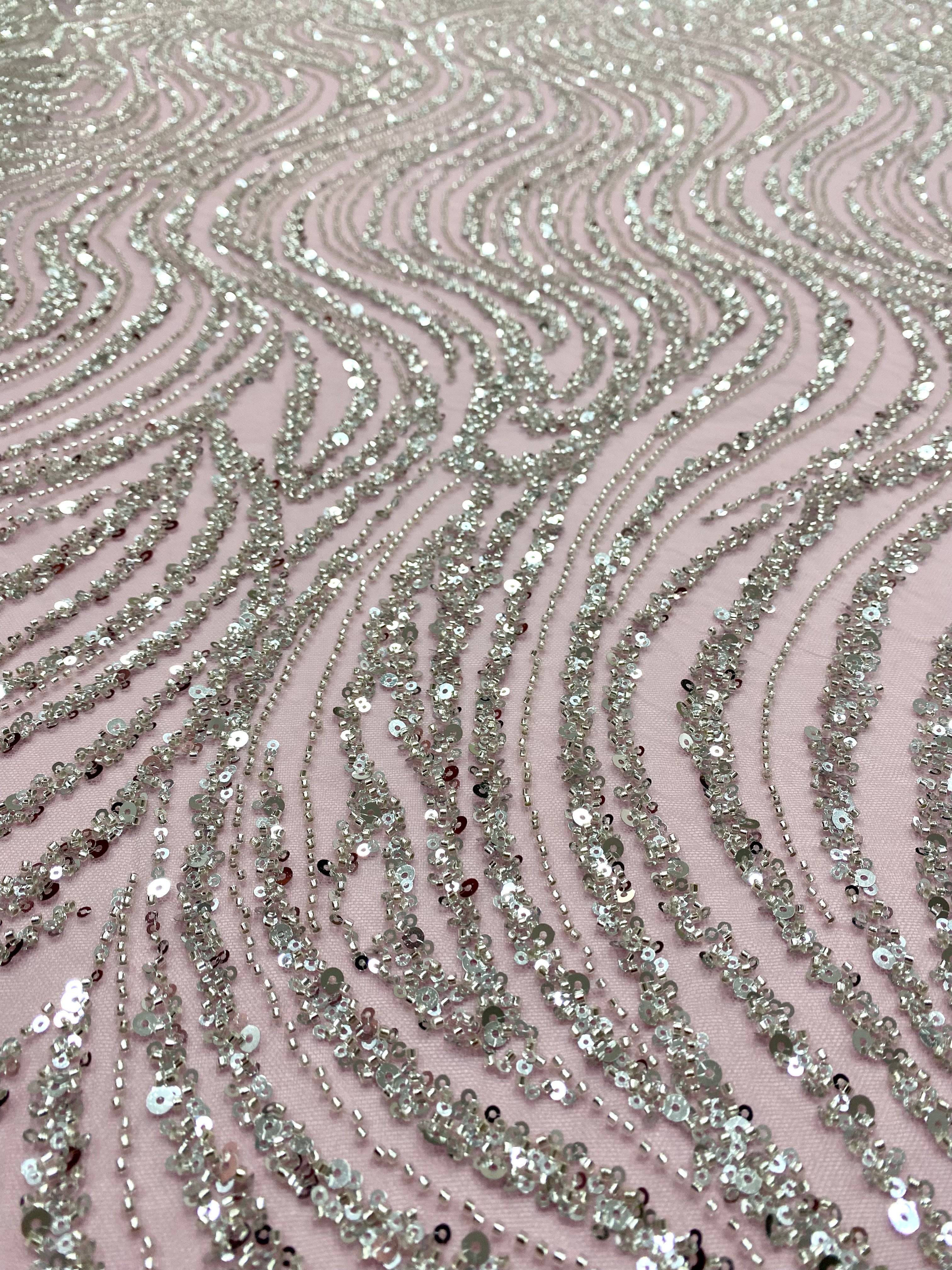 Silver Lace with Linear Pattern, with Pearls and Sequins