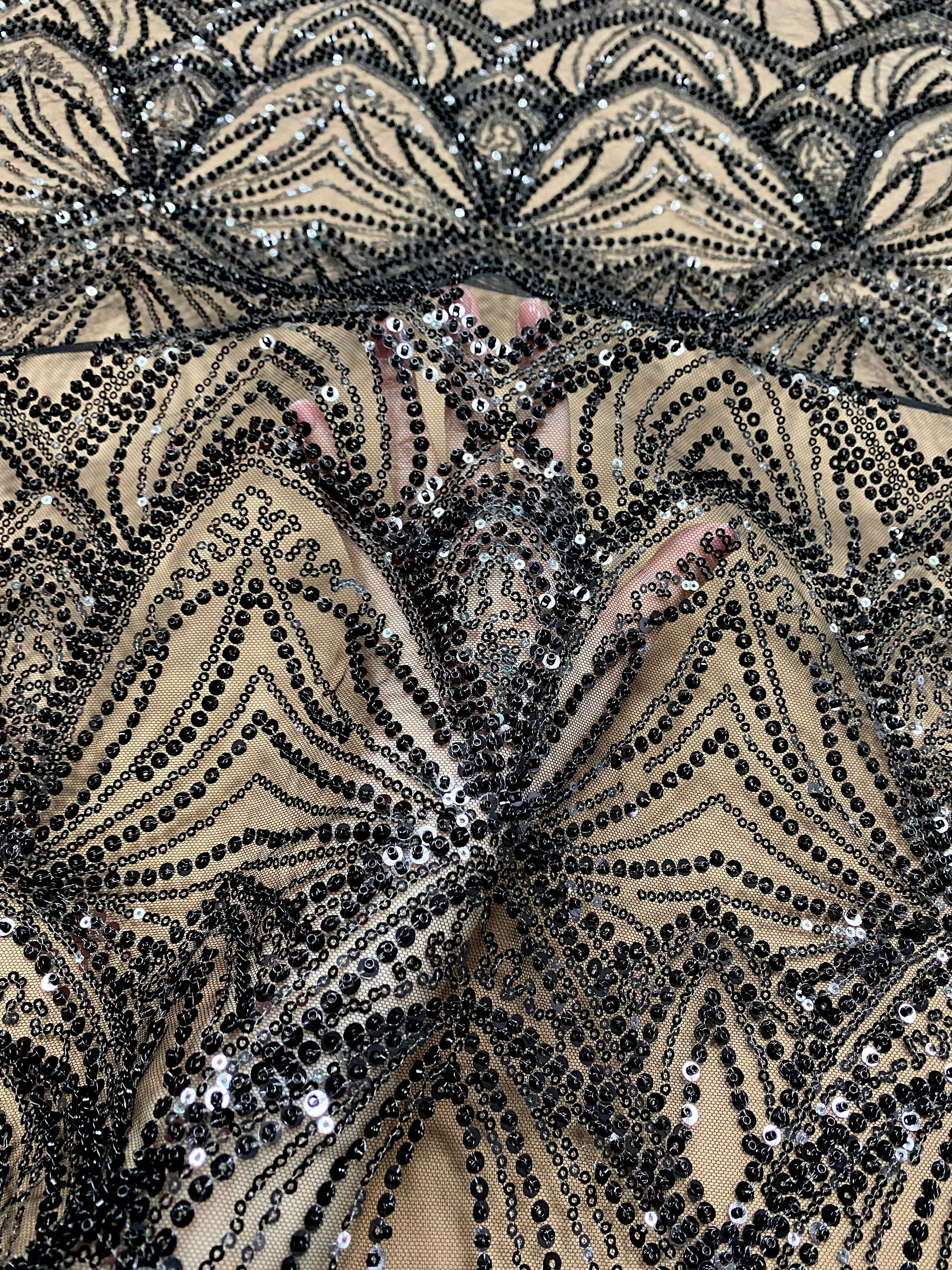 Silver Couture Lace on Blue Tulle, with Symmetrical Pattern, with Beads and Sequins 