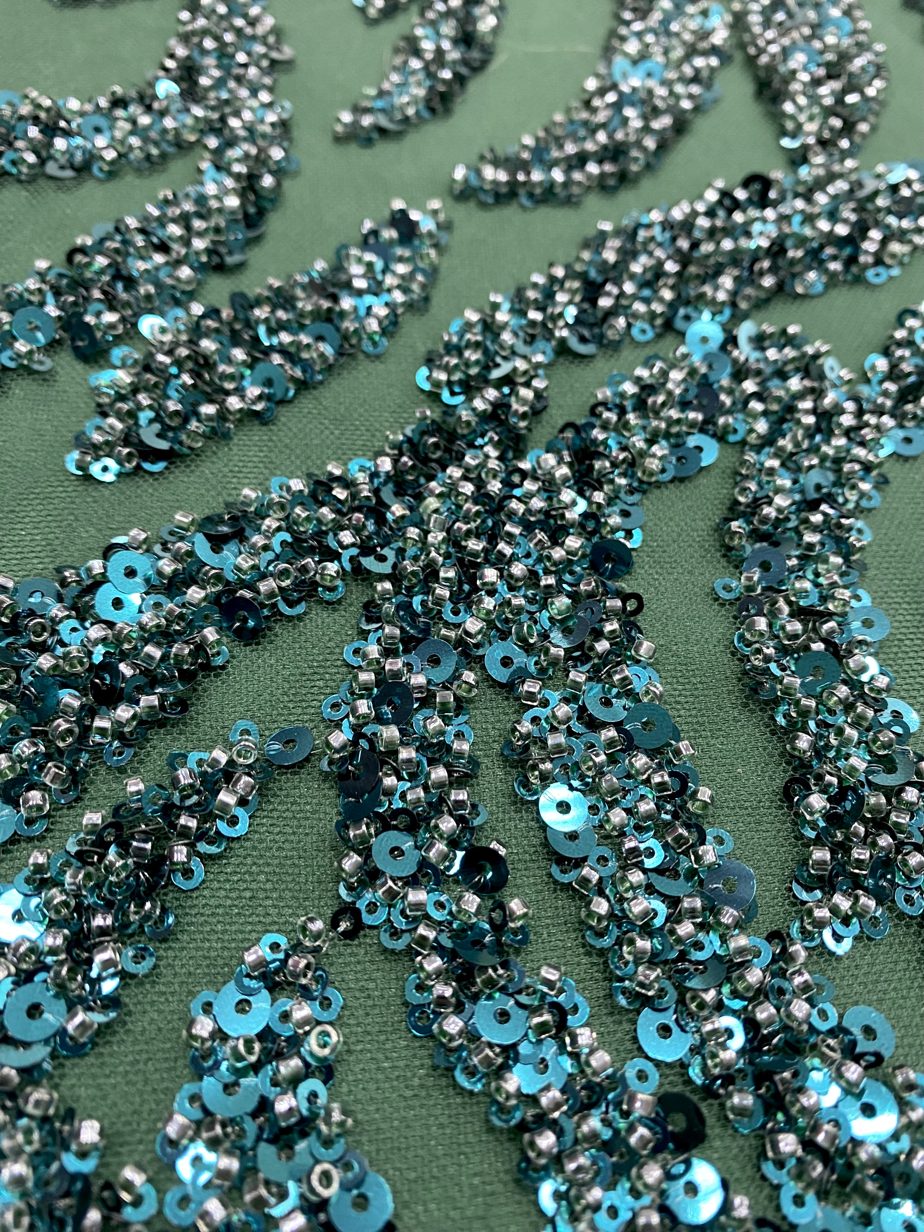 Emerald Green Couture Lace with Geometric Pattern, with Beads and Sequins