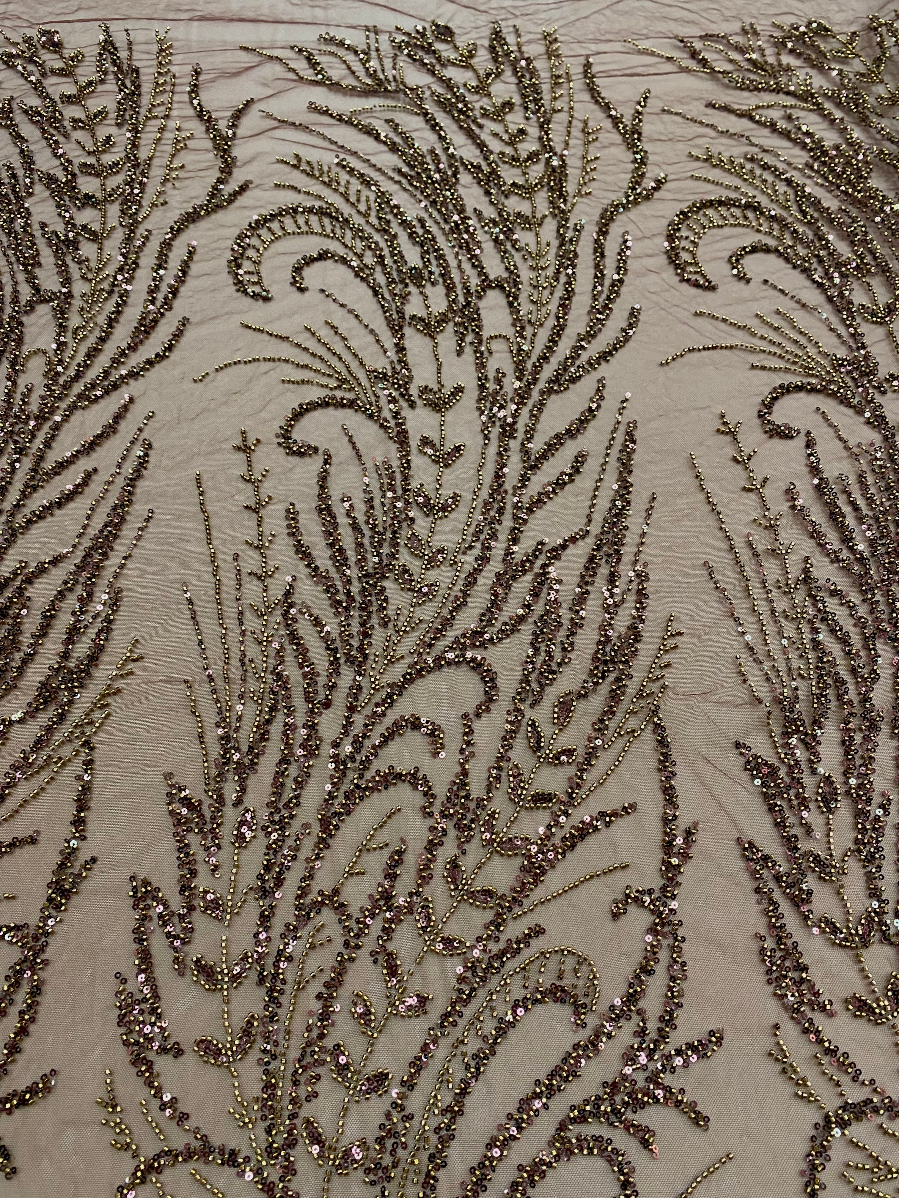 Antique Gold Couture Lace with Floral Pattern, Beads and Sequins 
