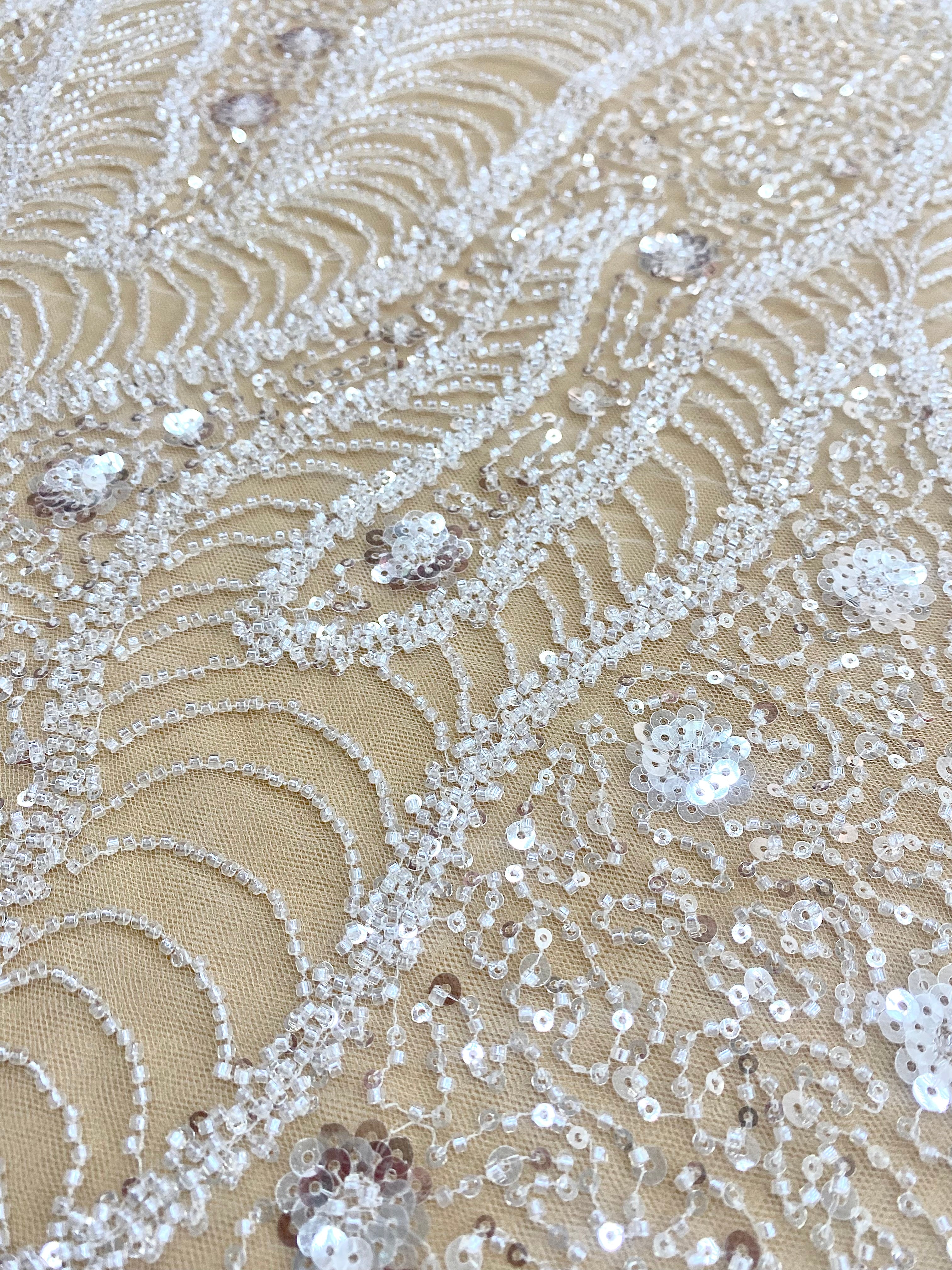 Silver Lace with Linear Pattern, with Pearls and Sequins