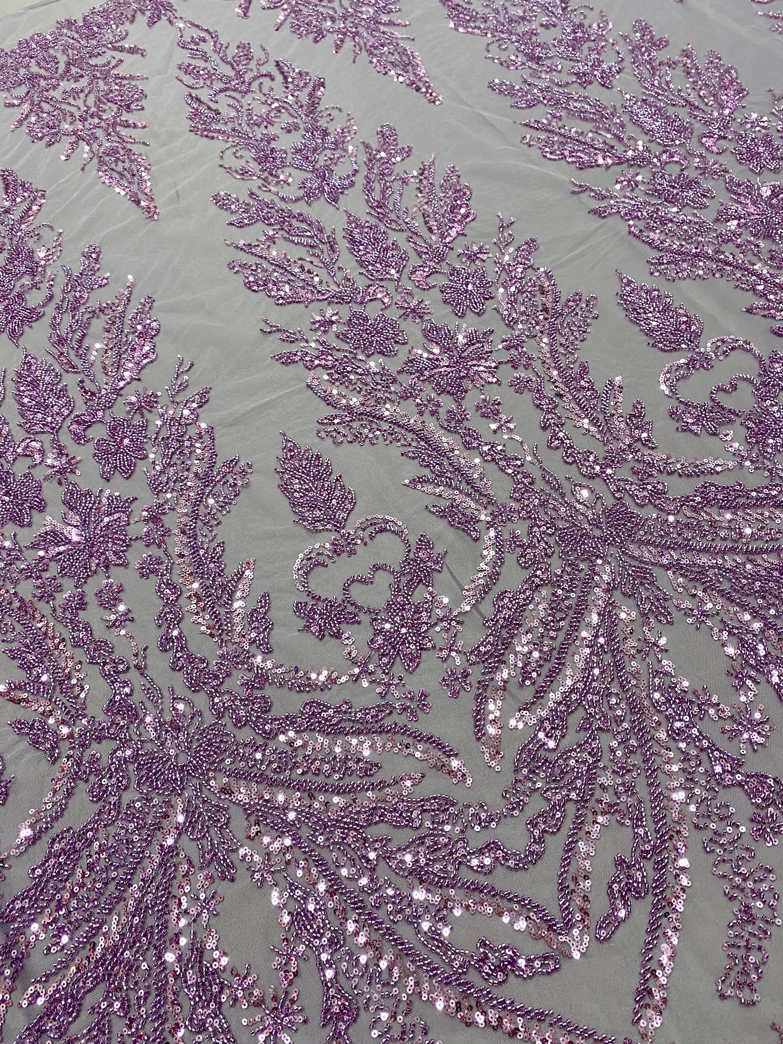 Dantela Couture Lavanda Pudrata cu Model Floral, cu Margele si Paiete