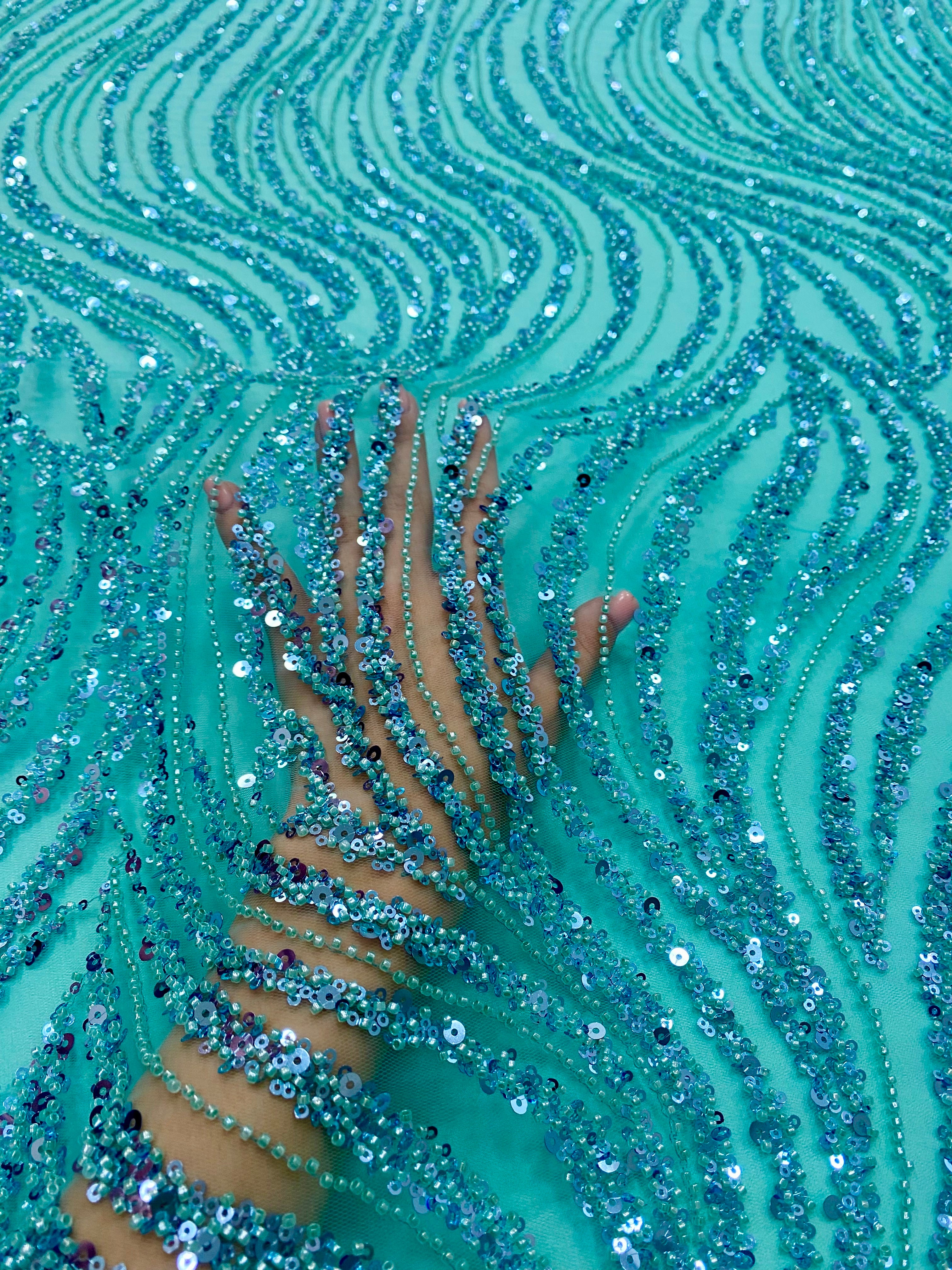 Silver Lace with Linear Pattern, with Pearls and Sequins