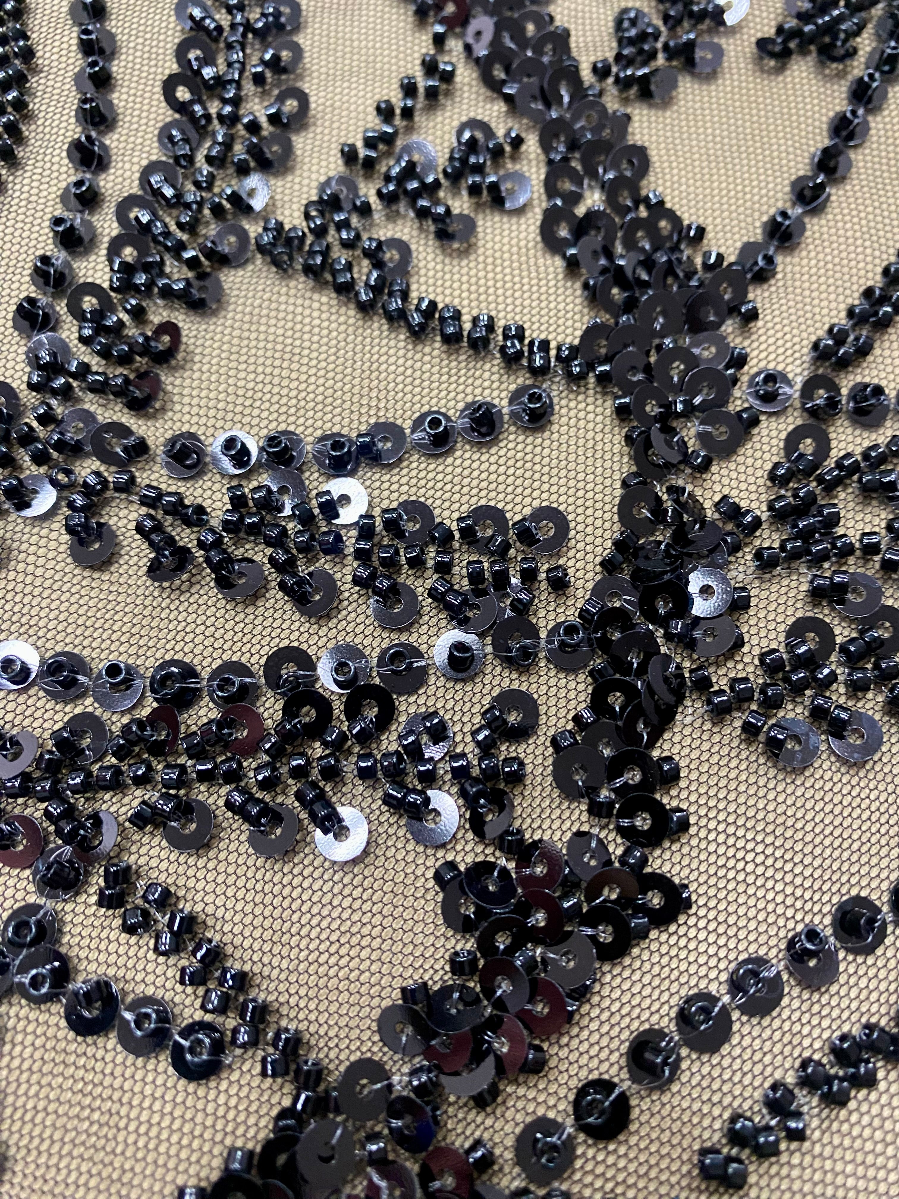 Black Couture Lace with Geometric Pattern, Beads and Sequins