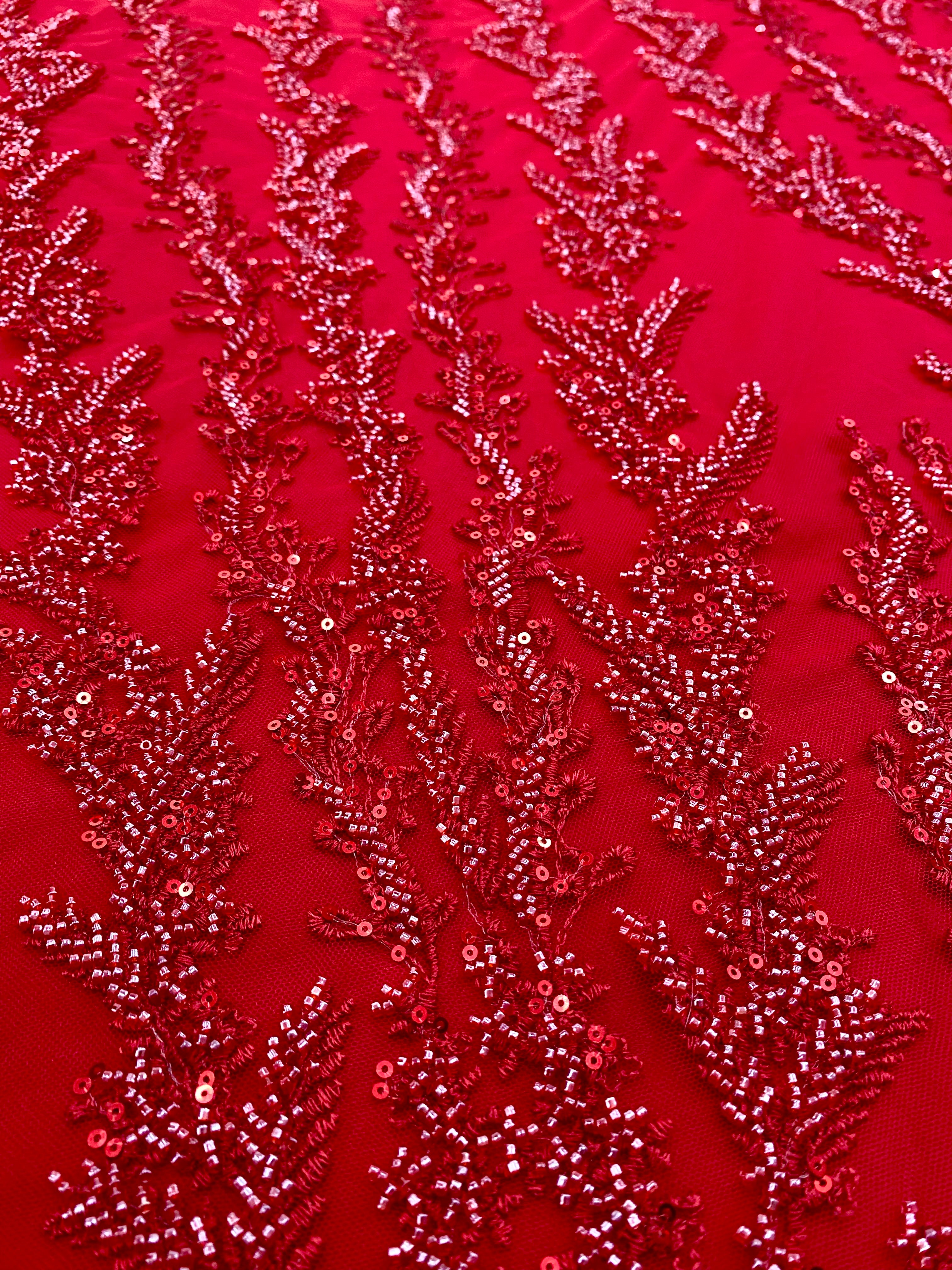 Red Couture Lace with Geometric Pattern, Beads and Sequins