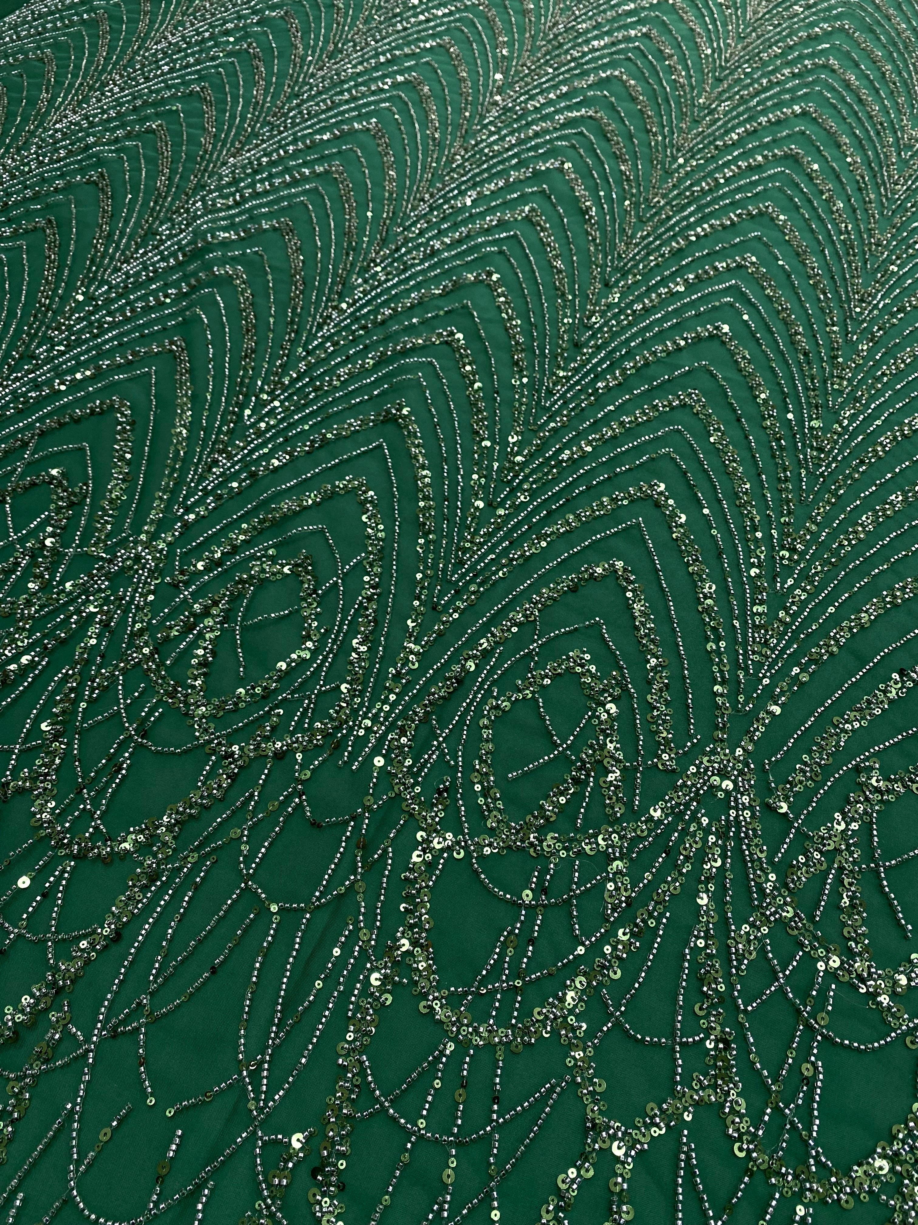 Dantela Couture Verde Smarald cu Model Geometric cu Margele si Paiete