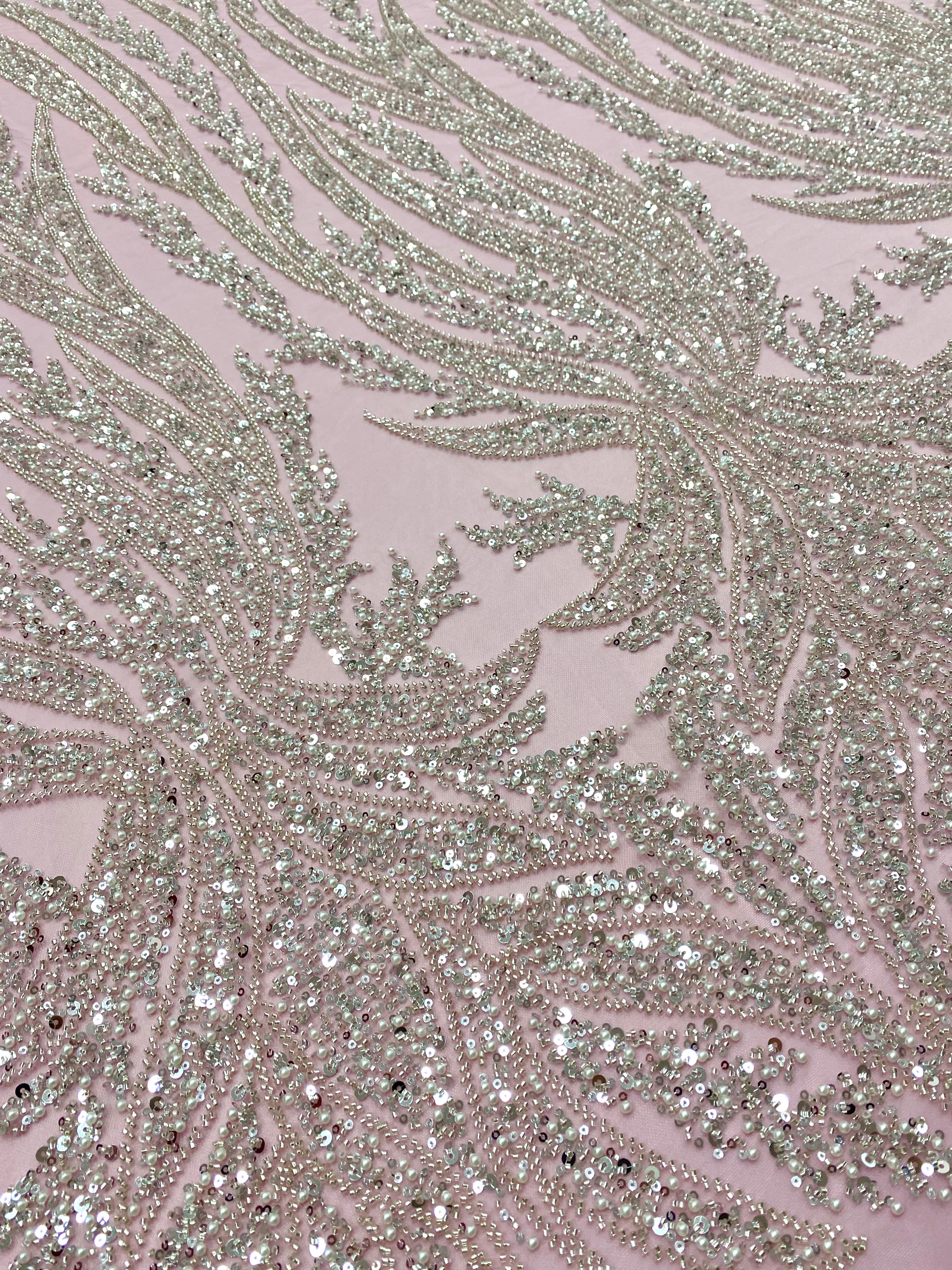 Silver Couture Lace on Blue Tulle, with Symmetrical Pattern, with Beads and Sequins 