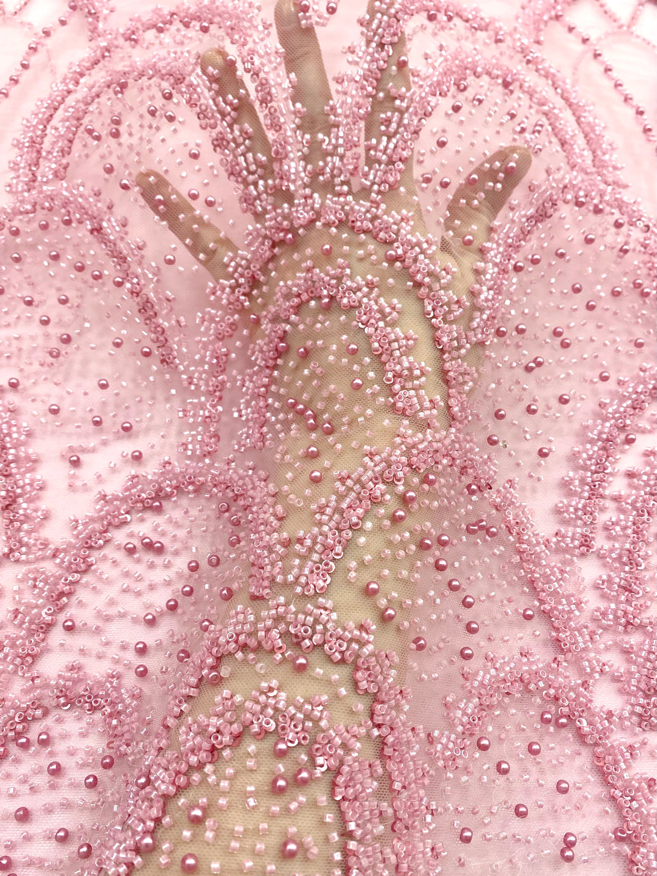Pink Couture Lace with Geometric Pattern, with Pearls, Beads and Sequins