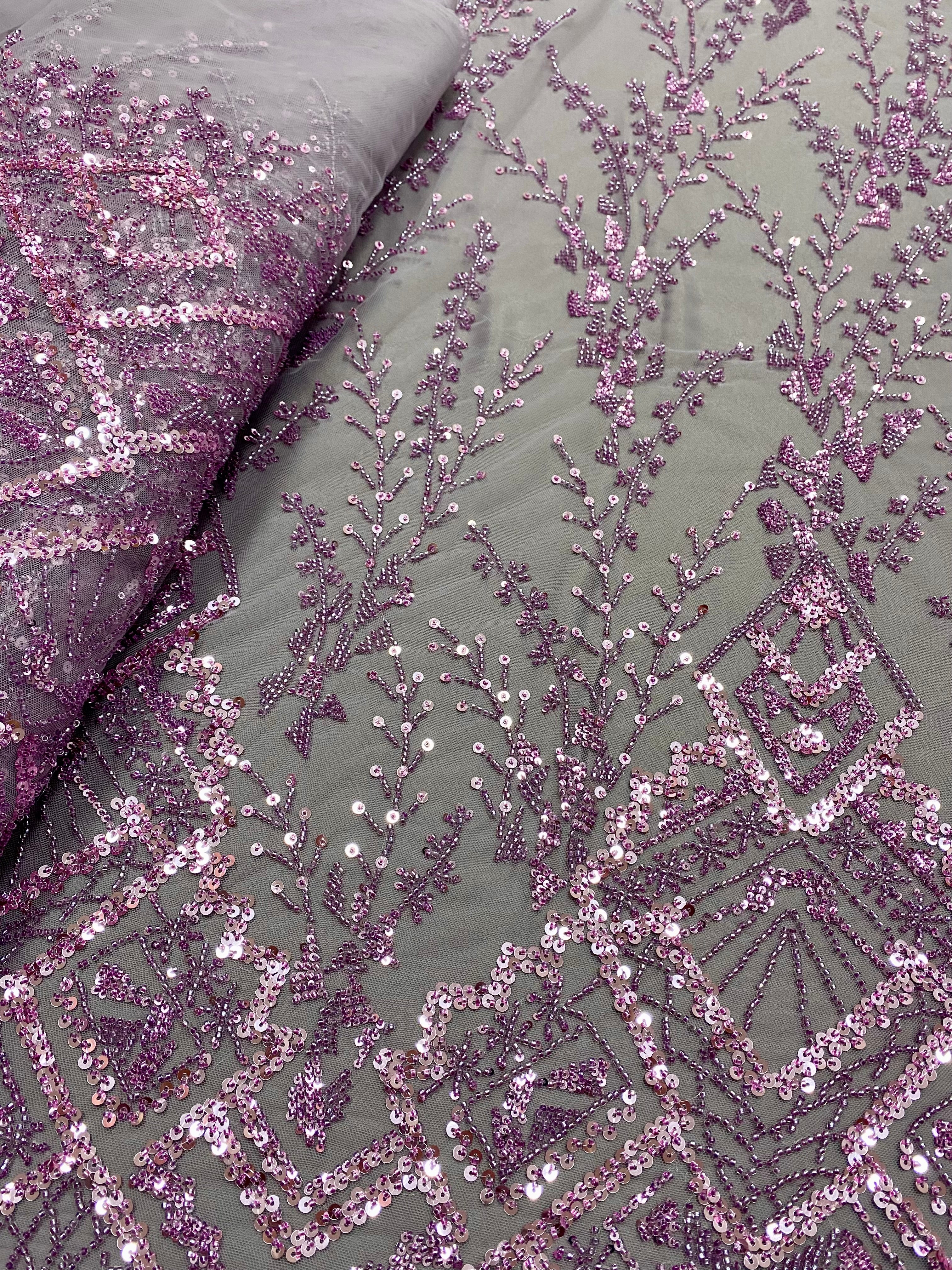 Powder Couture Lace with Geometric Pattern, with Beads and Sequins