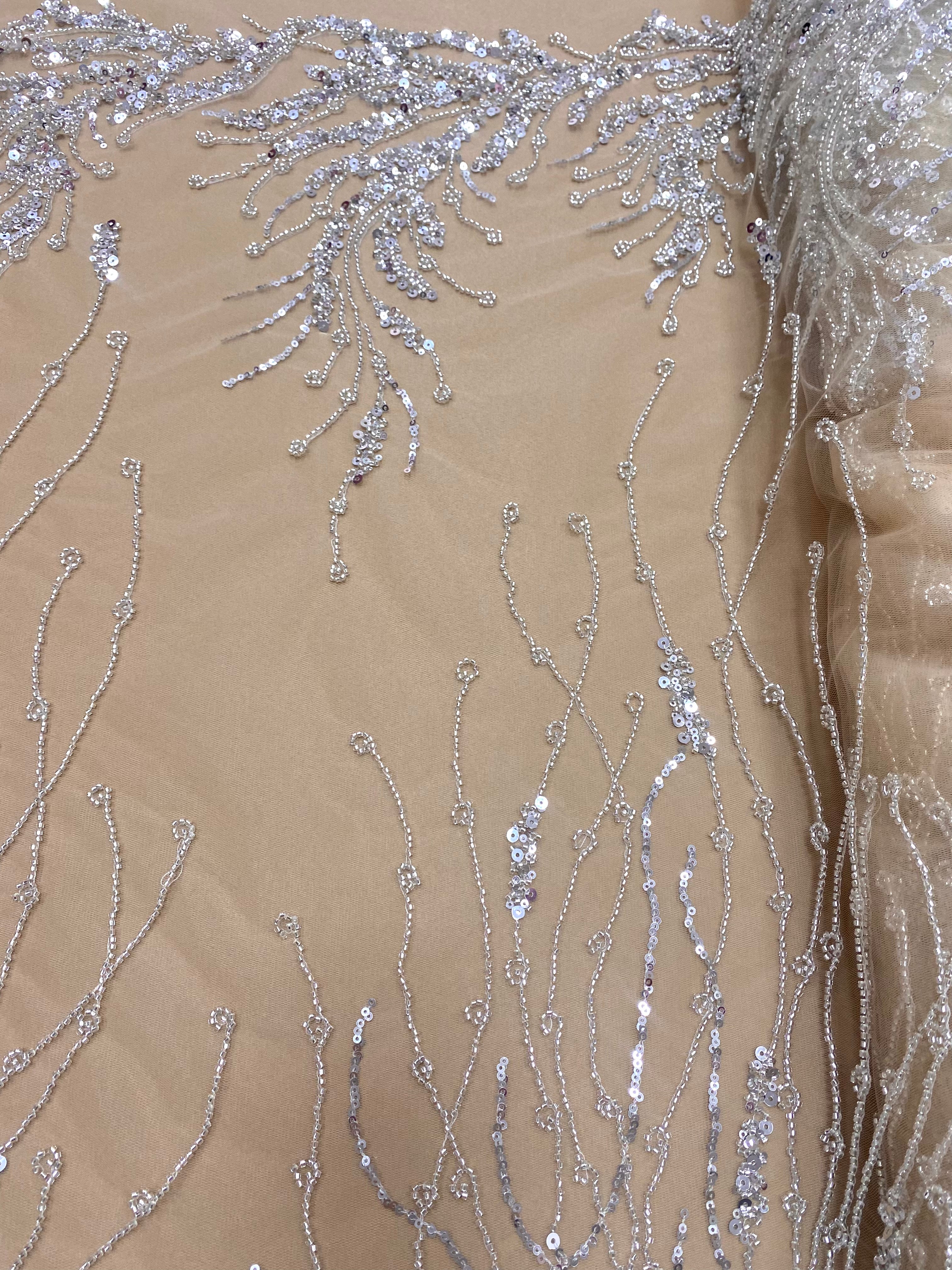 Silver Lace with Linear Pattern, with Pearls and Sequins