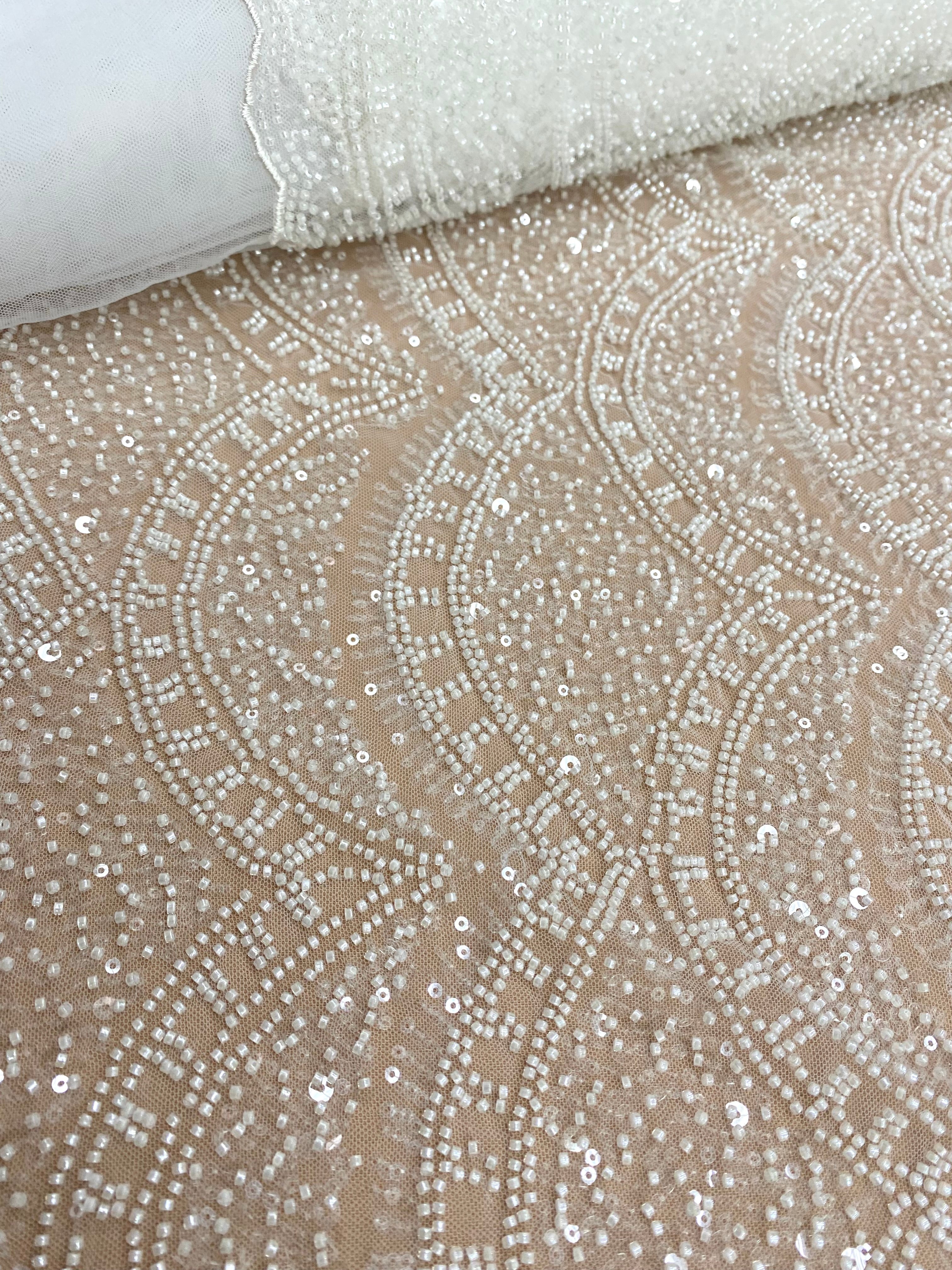 Ivory Lace with Geometric Pattern, with Beads and Sequins