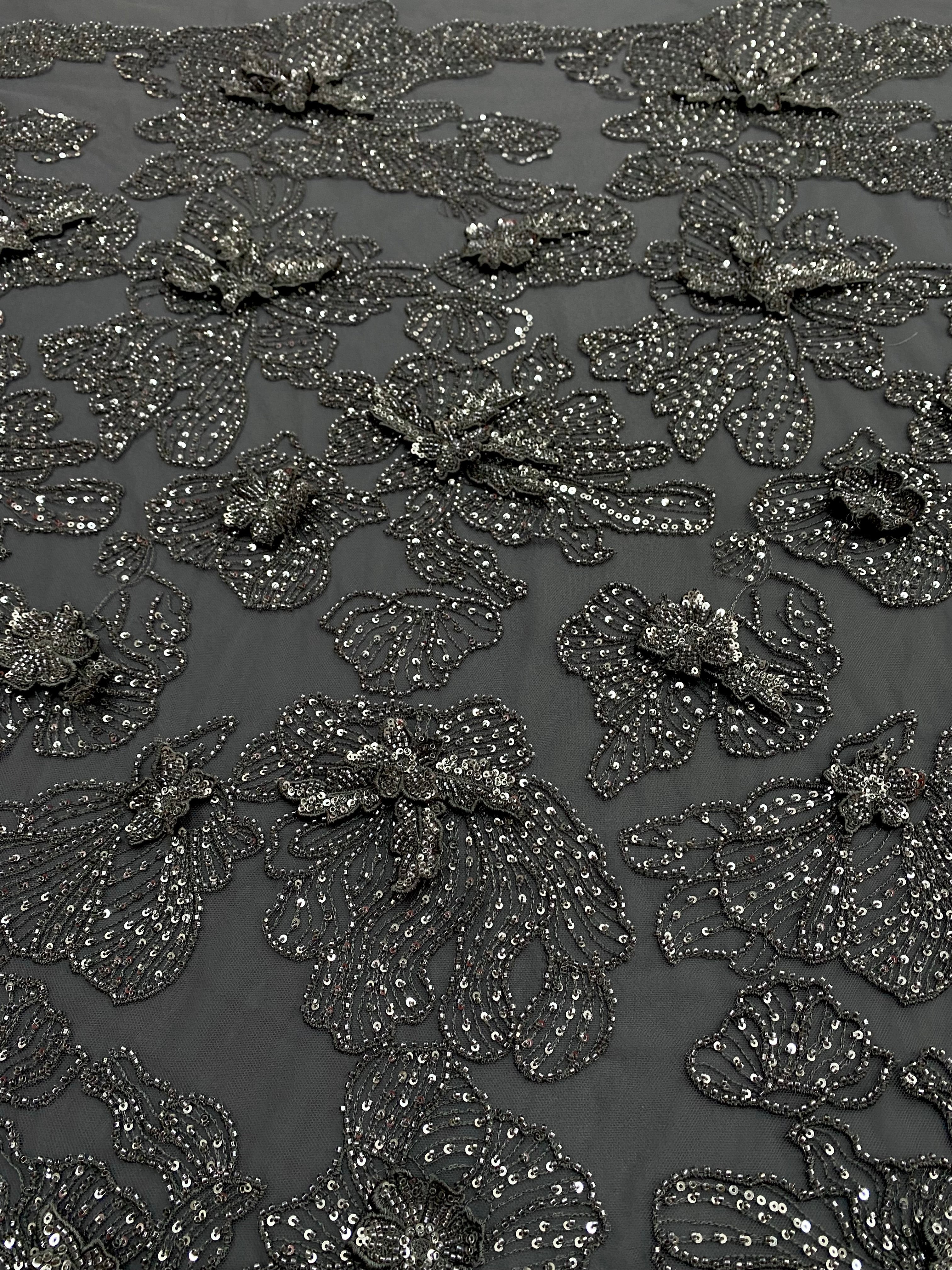 Dantela Couture 3D cu Flori Gri Antracit cu Margele si Paiete