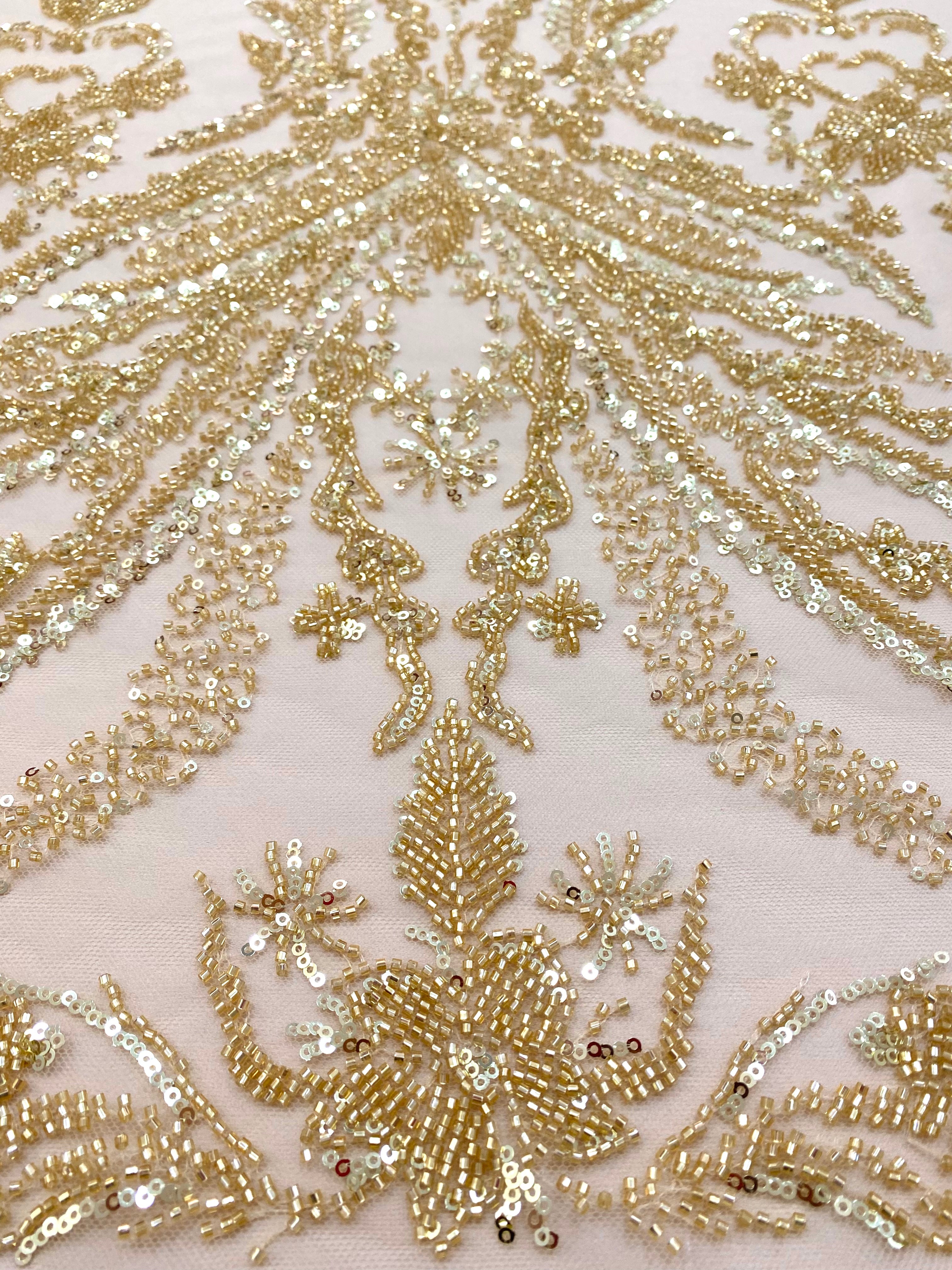 Gold Couture Lace with Floral Pattern, with Pearls, Beads and Sequins