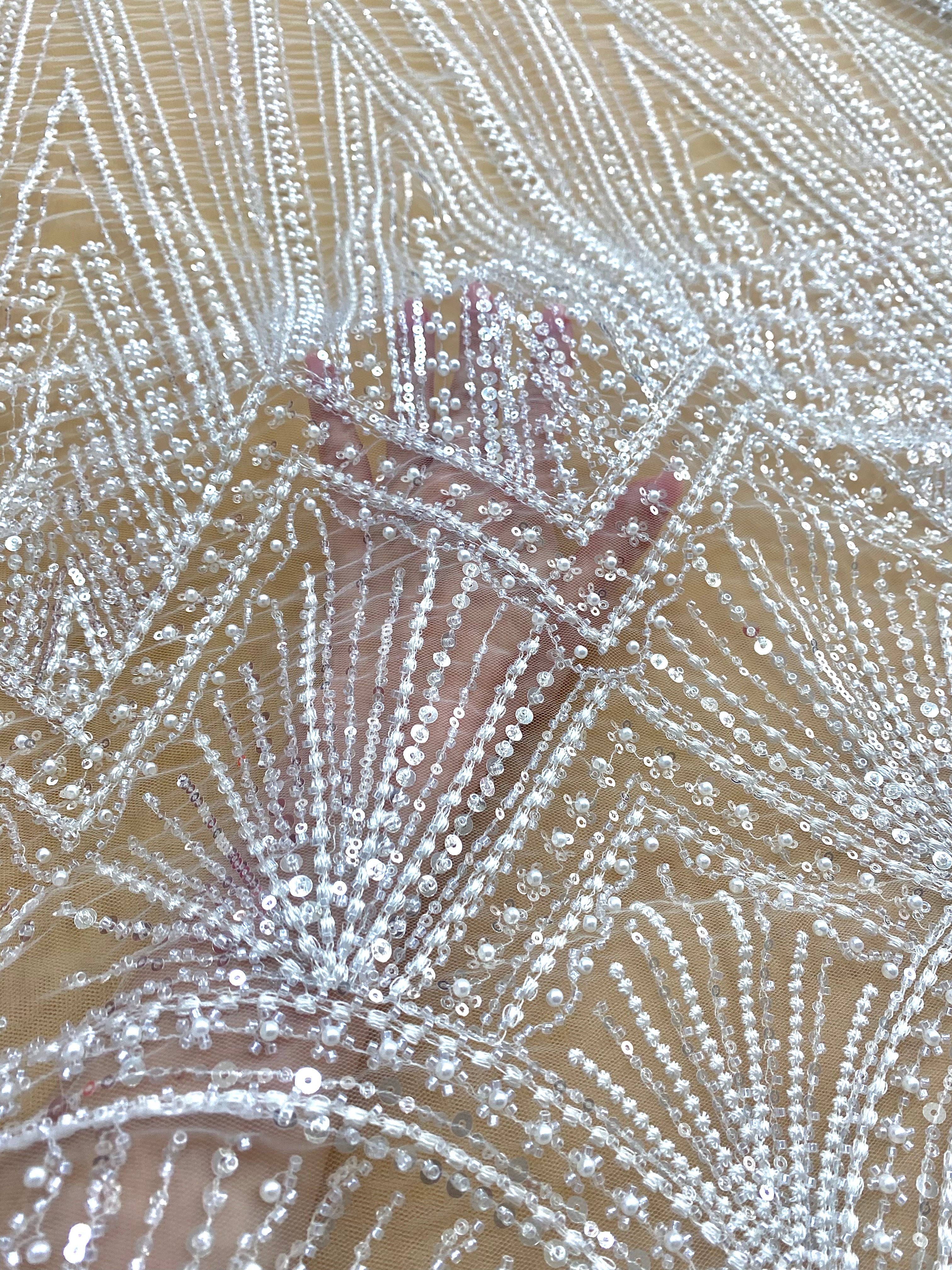 Silver Lace with Linear Pattern, with Pearls and Sequins