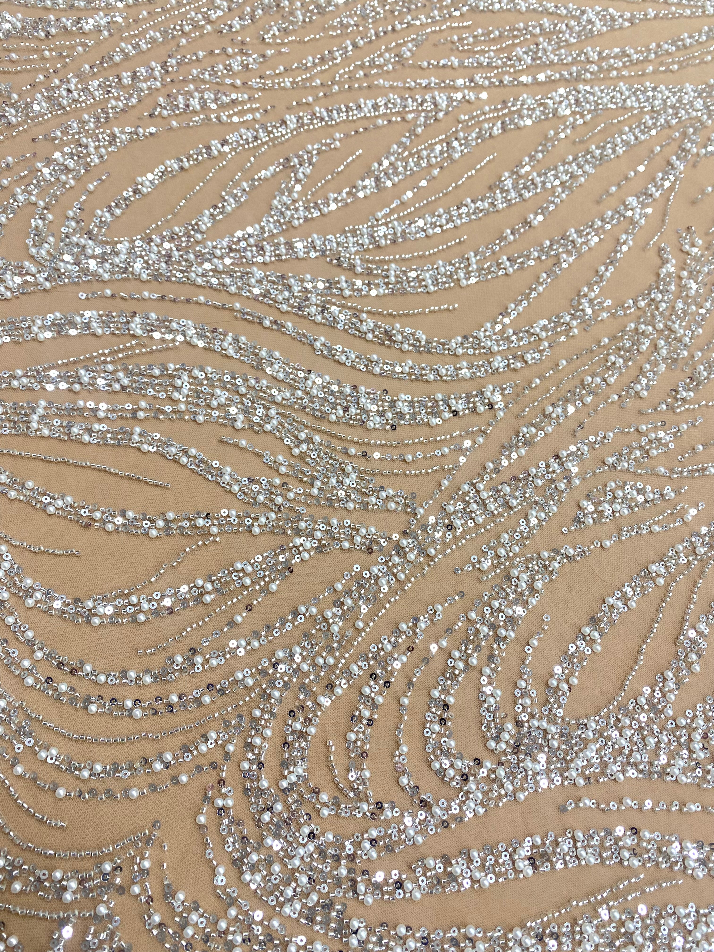 Silver Couture Lace on Nude Tulle with Geometric Pattern, with Pearls, Beads and Sequins