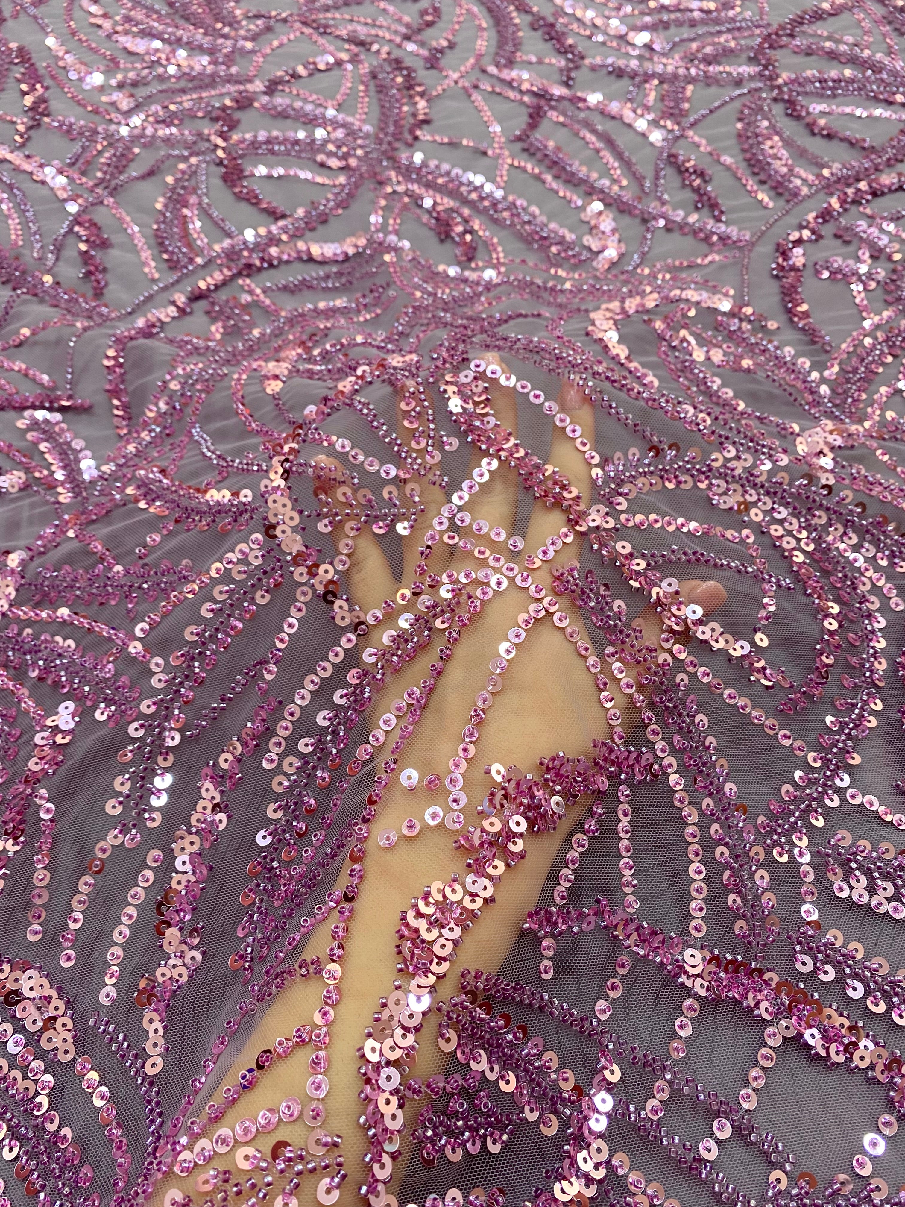 Dantela Couture Lavanda Pudrata cu Model Geometric, Margele si Paiete