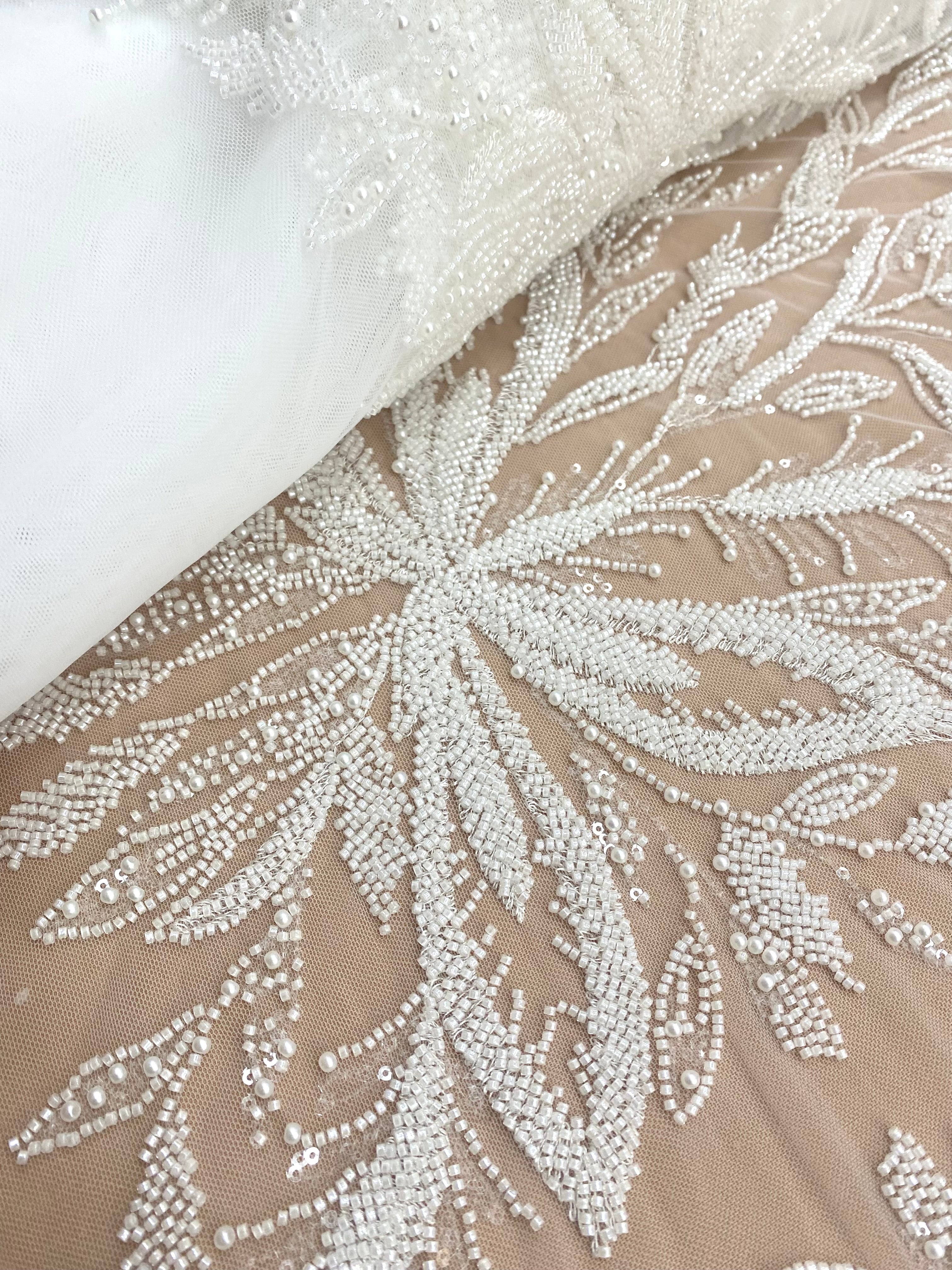 Ivory Couture Lace with Floral Pattern, Pearls, Beads and Sequins