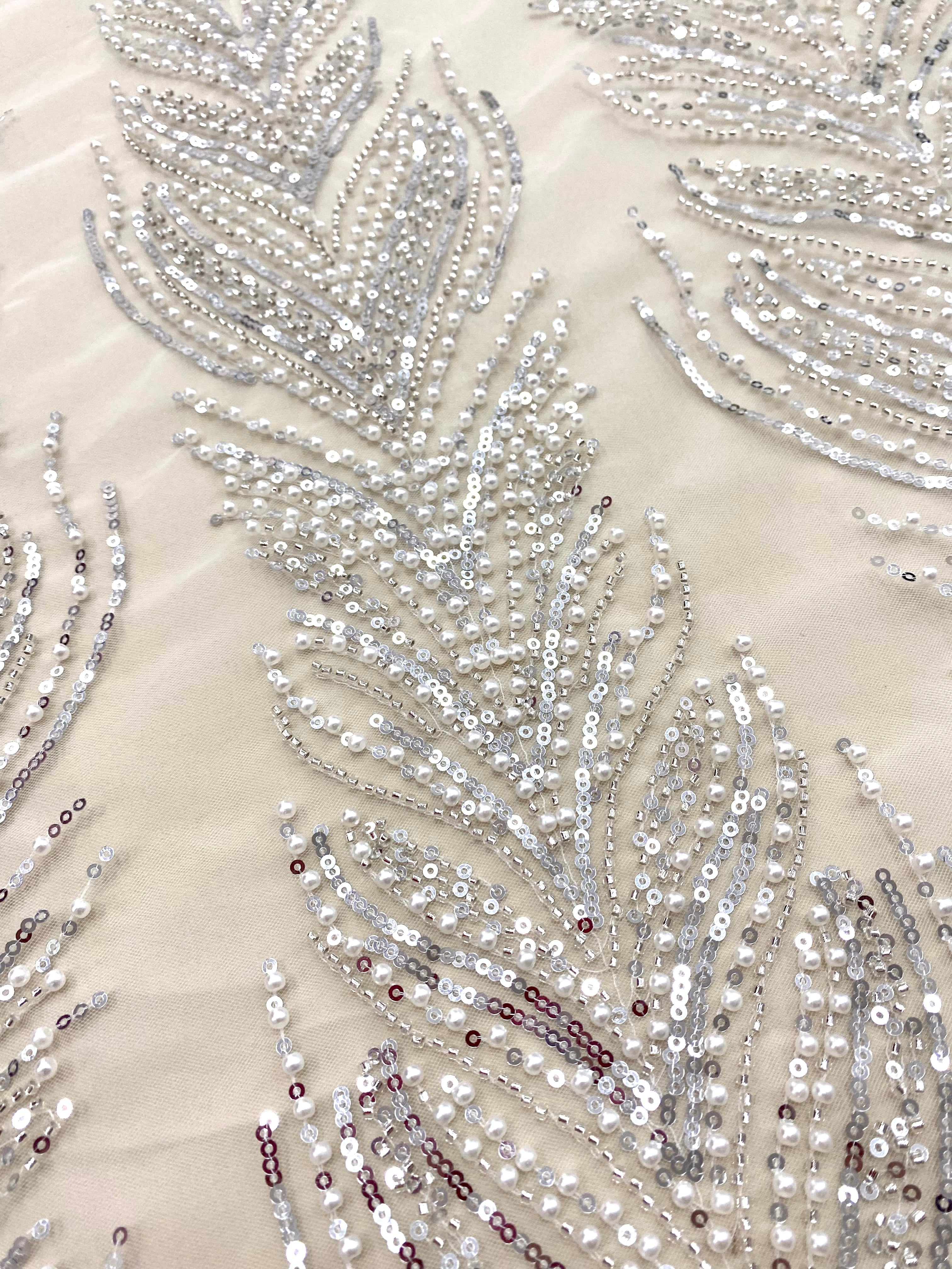 Silver Lace with Geometric Pattern, with Beads and Sequins