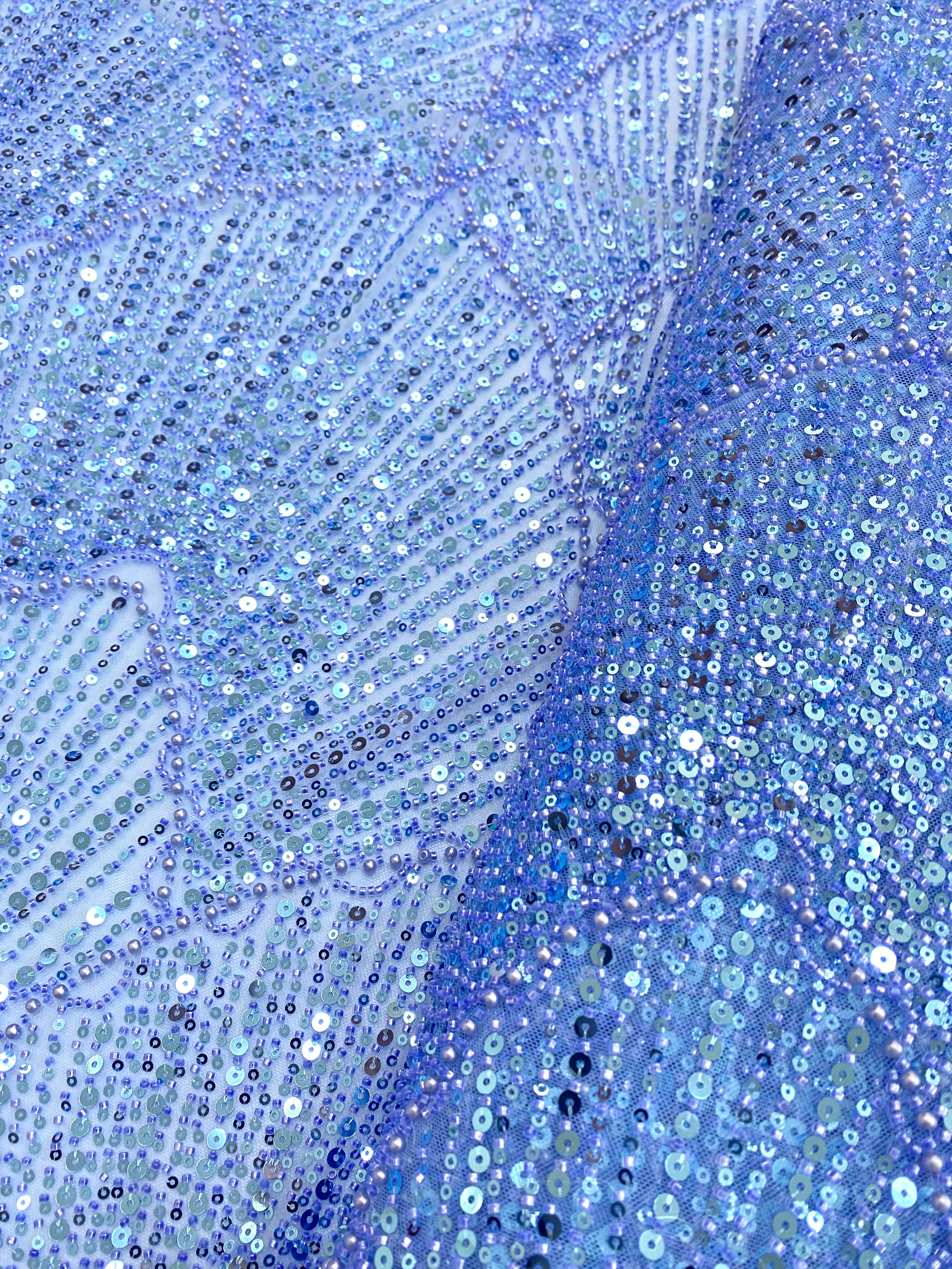 Dantela Couture Sky Blue cu Model Geometric, cu Perle, Margele si Paiete