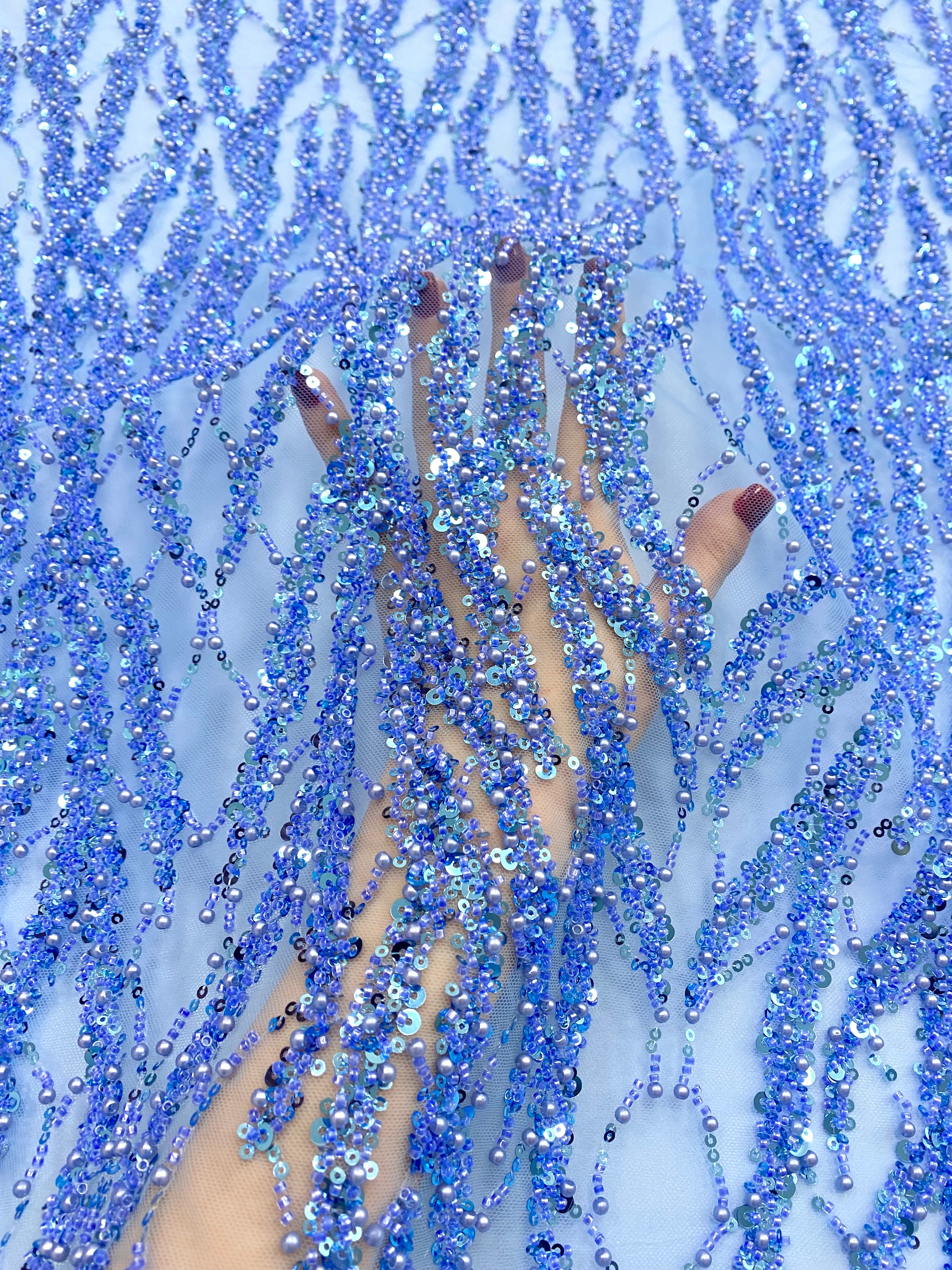 Silver Lace with Nude Tulle with Linear Pattern, Beads and Sequins