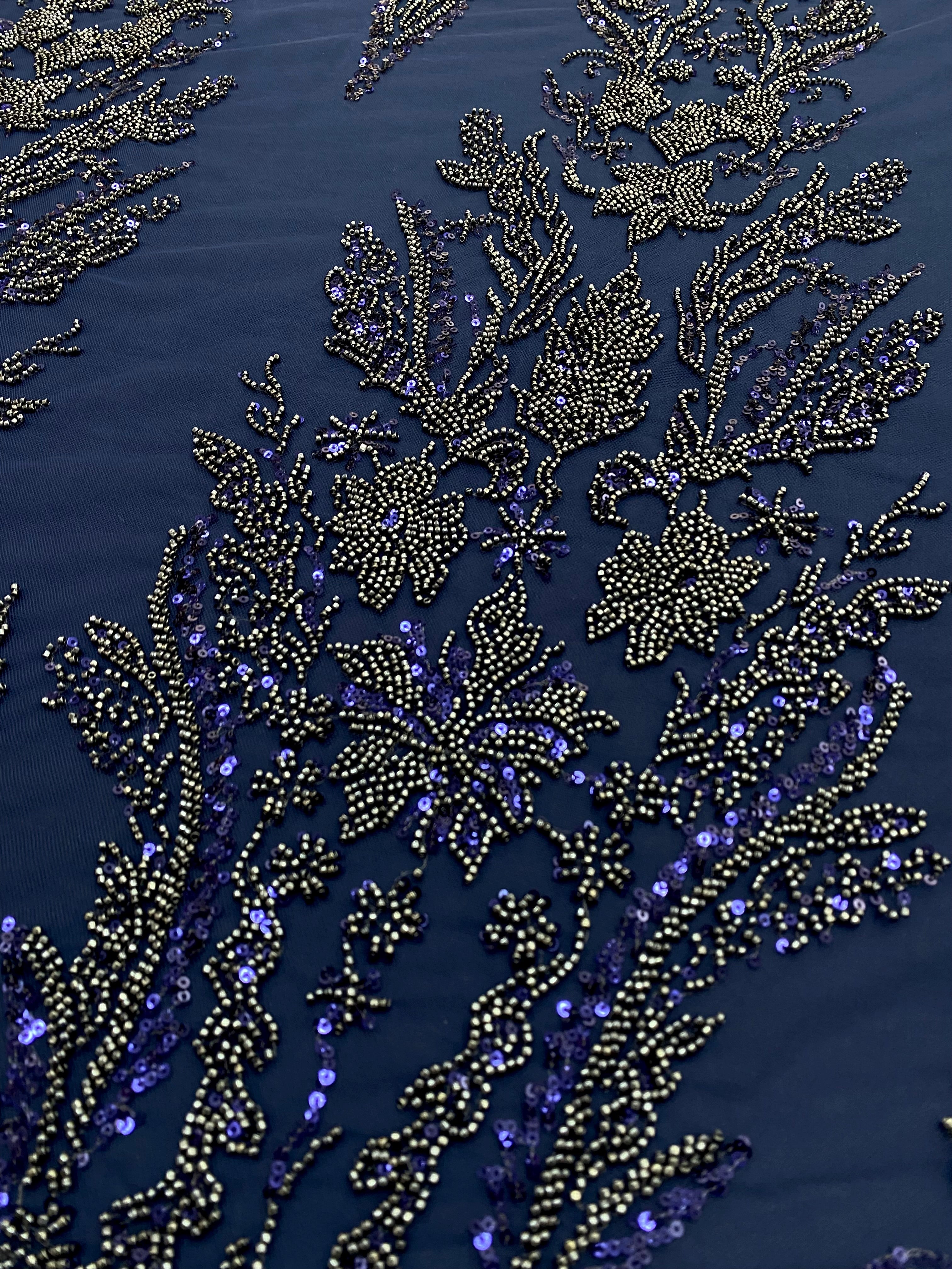Navy Blue Couture Lace with Floral Pattern, Beads and Sequins