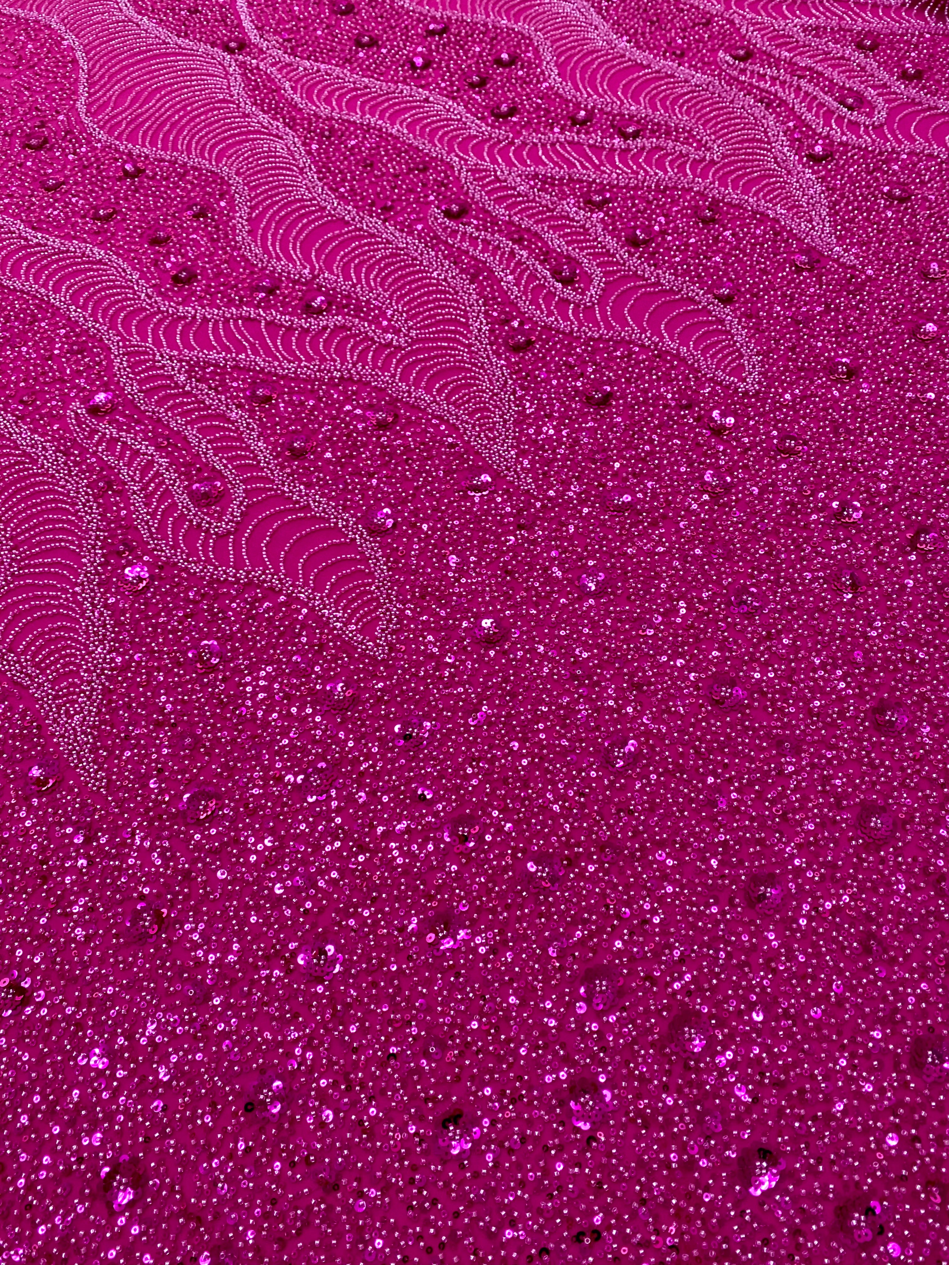 Dantela Couture Fucsia cu Model Geometric si Flori, cu Margele si Paiete