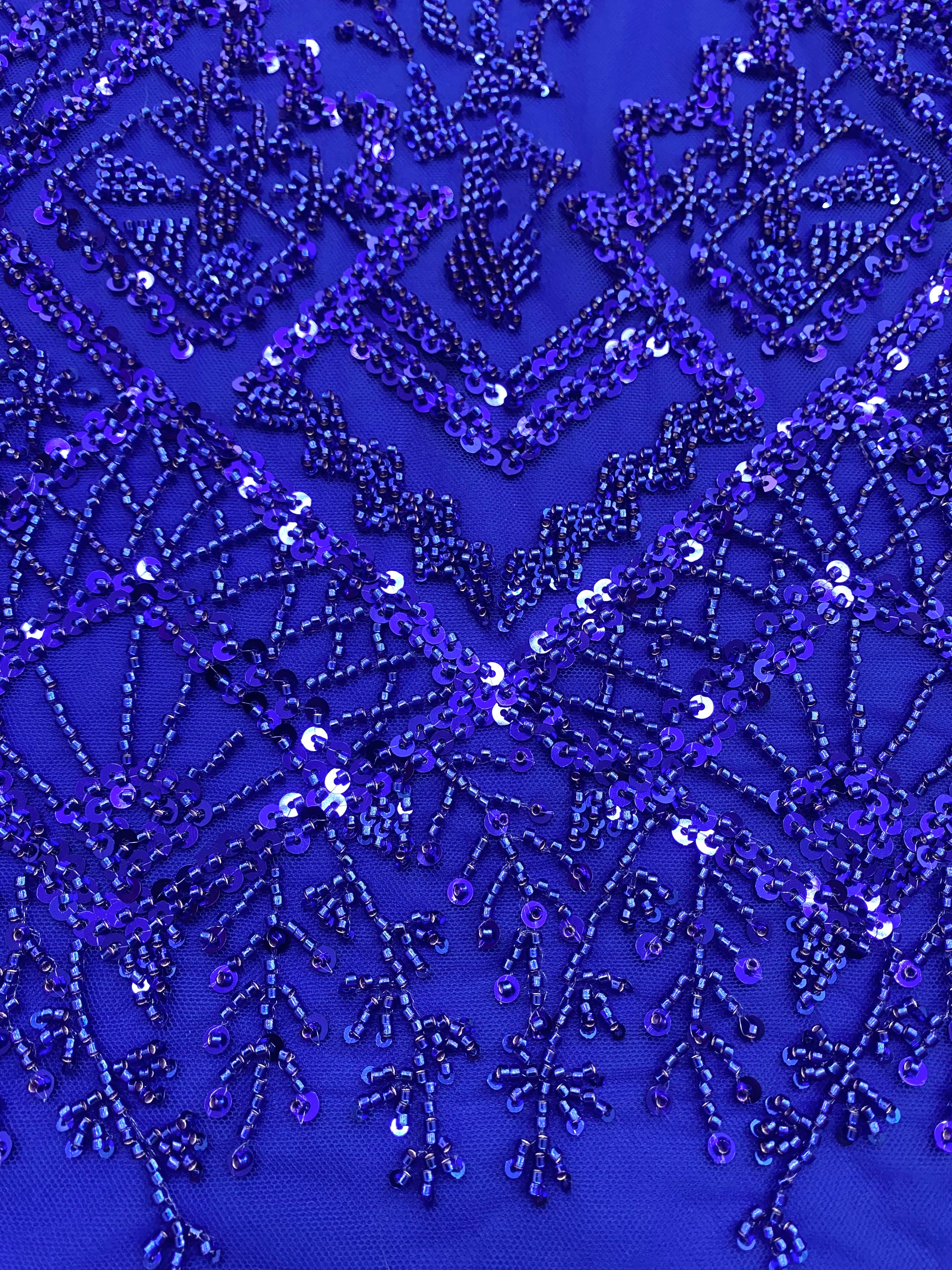 Dantela Couture Albastru Royal cu Model Geometric, cu Margele si Paiete