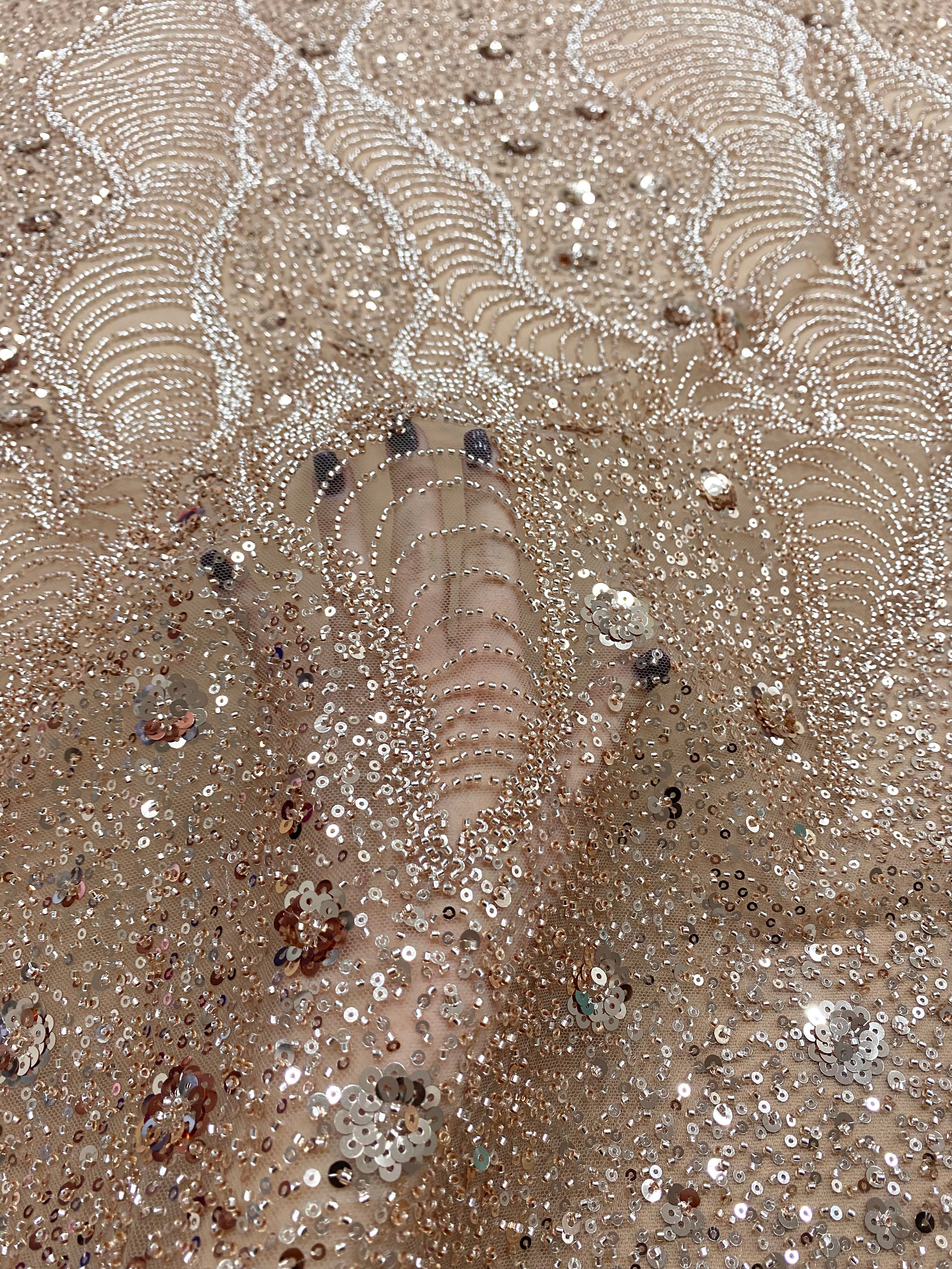 Rose Gold Couture Lace with Geometric and Floral Pattern, with Beads and Sequins