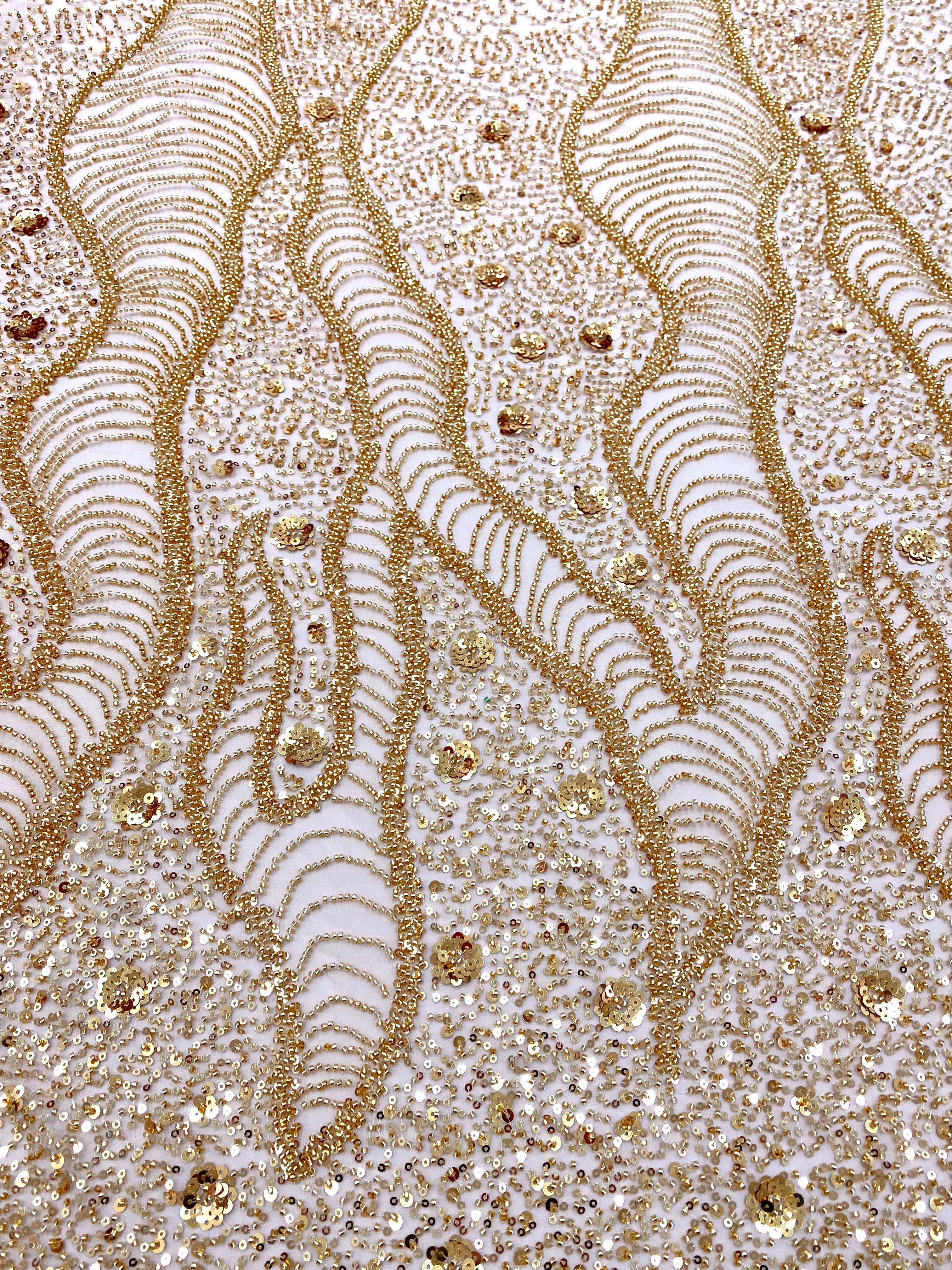 Gold Couture Lace with Geometric and Floral Pattern, with Beads and Sequins