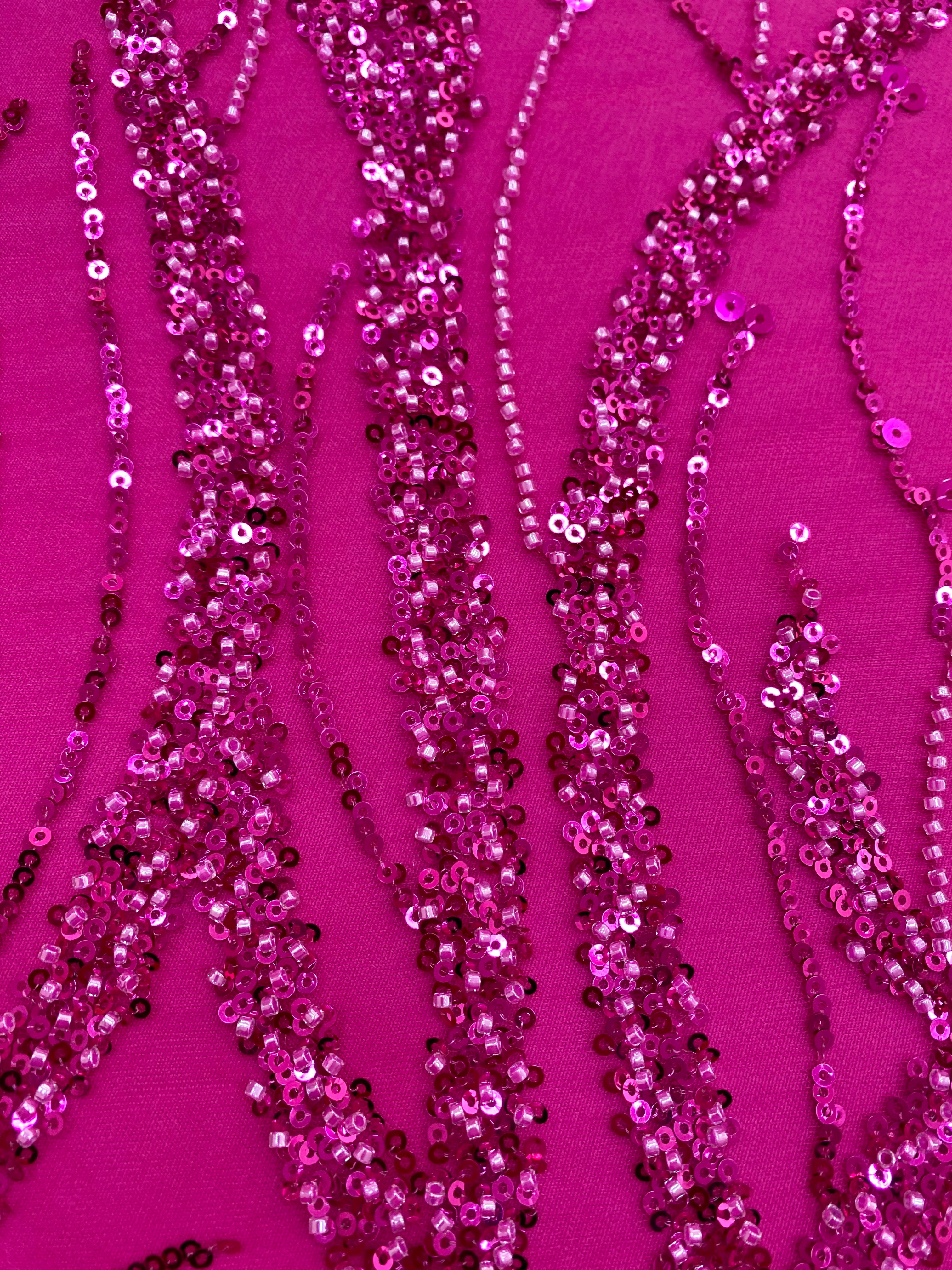 Dantela Couture Fucsia cu Siraguri, cu Margele si Paiete