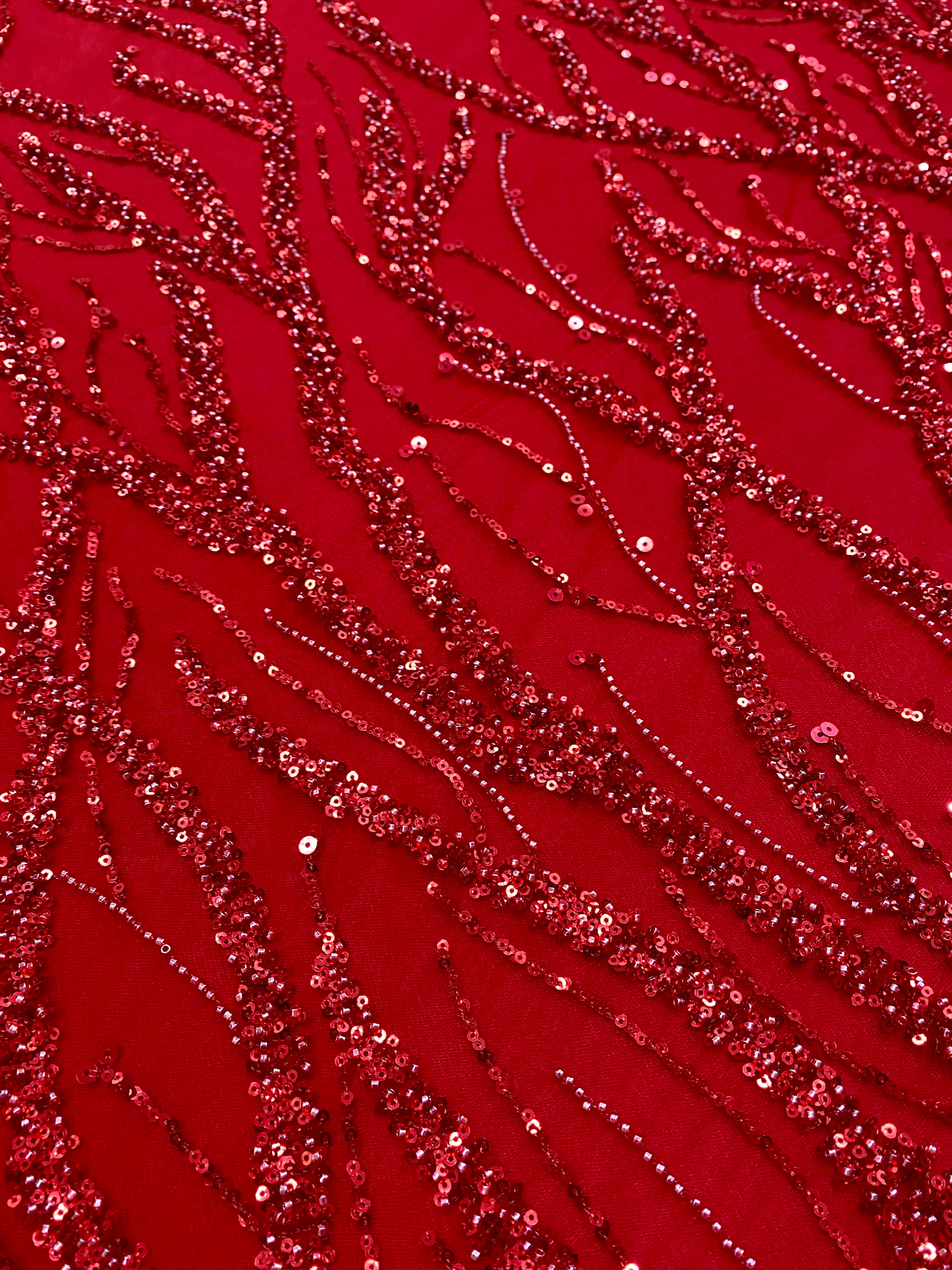 Red Couture Lace with Strings, Beads and Sequins