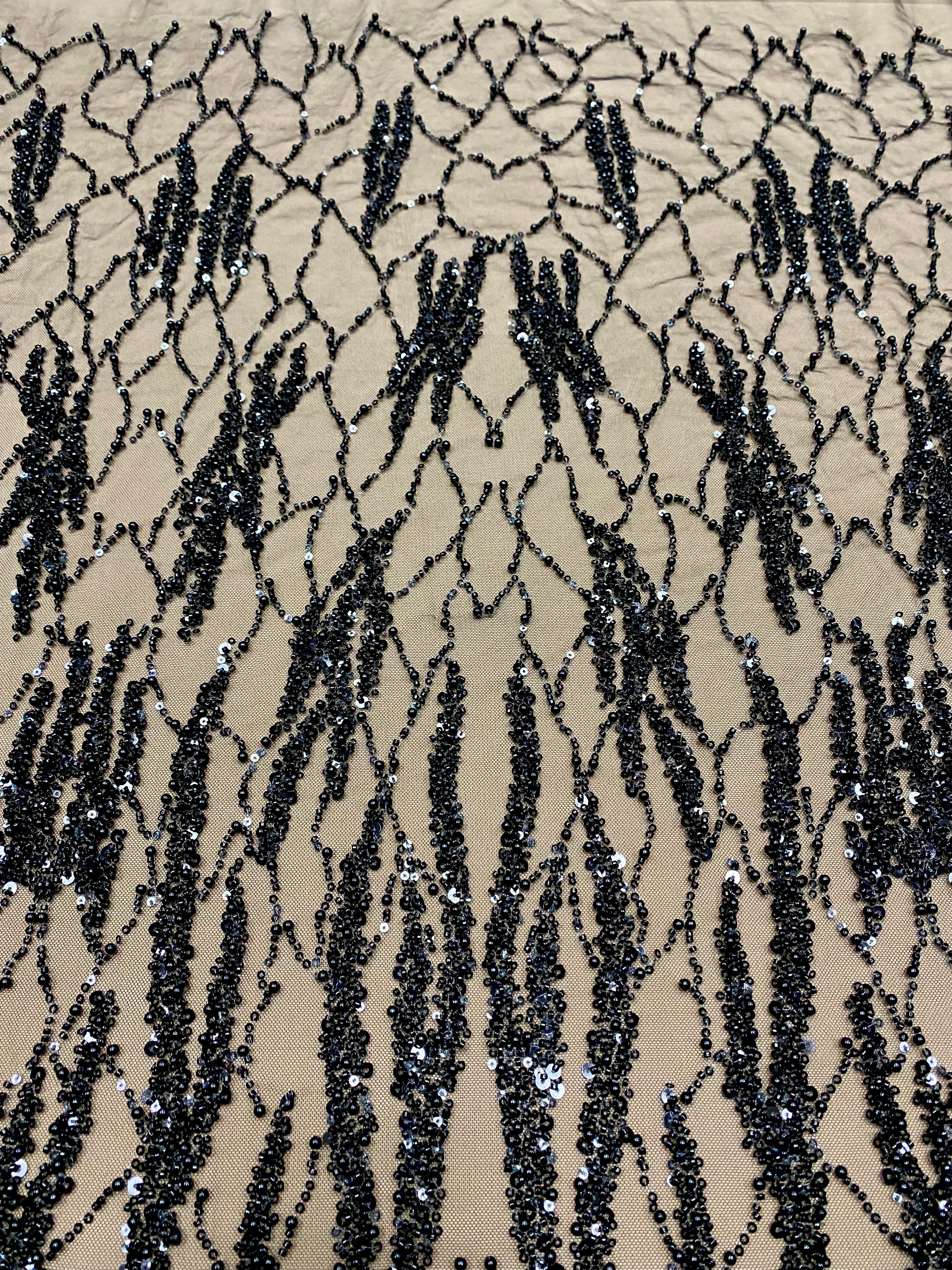 Black Couture Lace with Strings, Pearls, Beads and Sequins