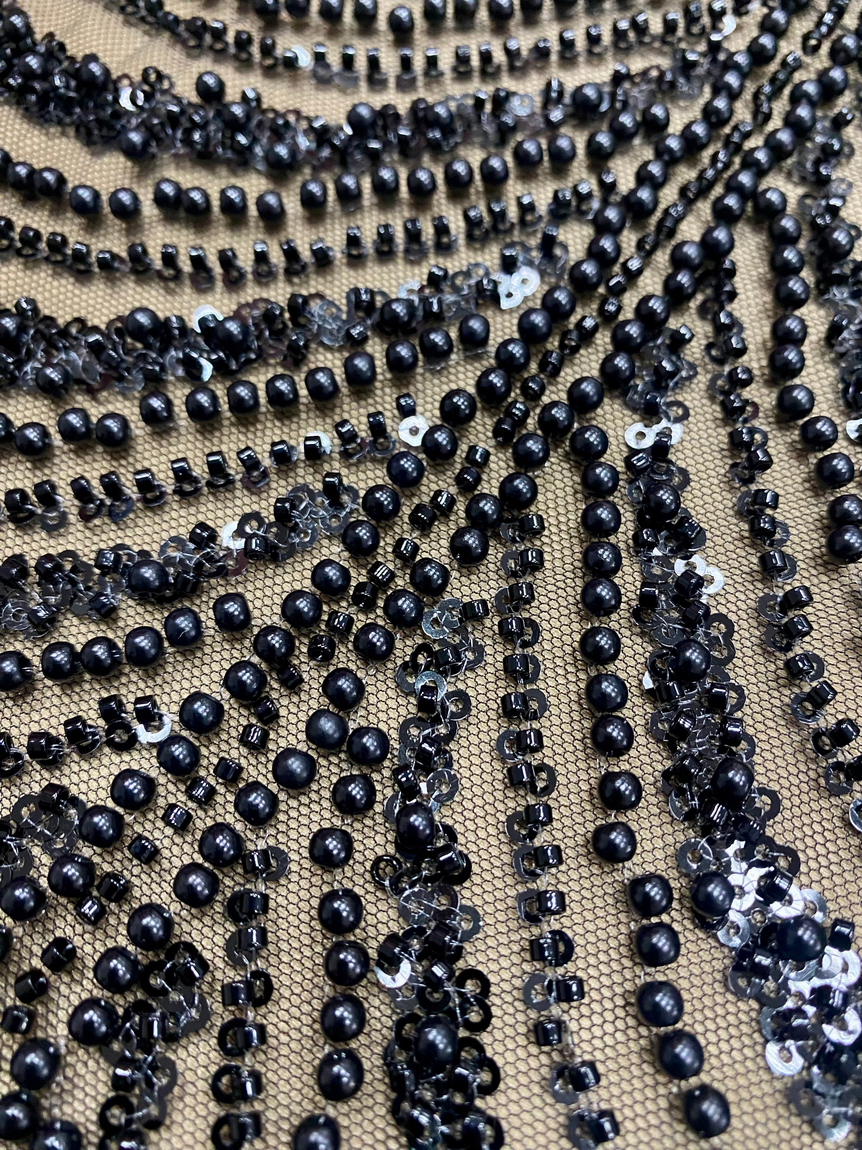 Black Couture Lace with Geometric Pattern, with Pearls, Beads and Sequins
