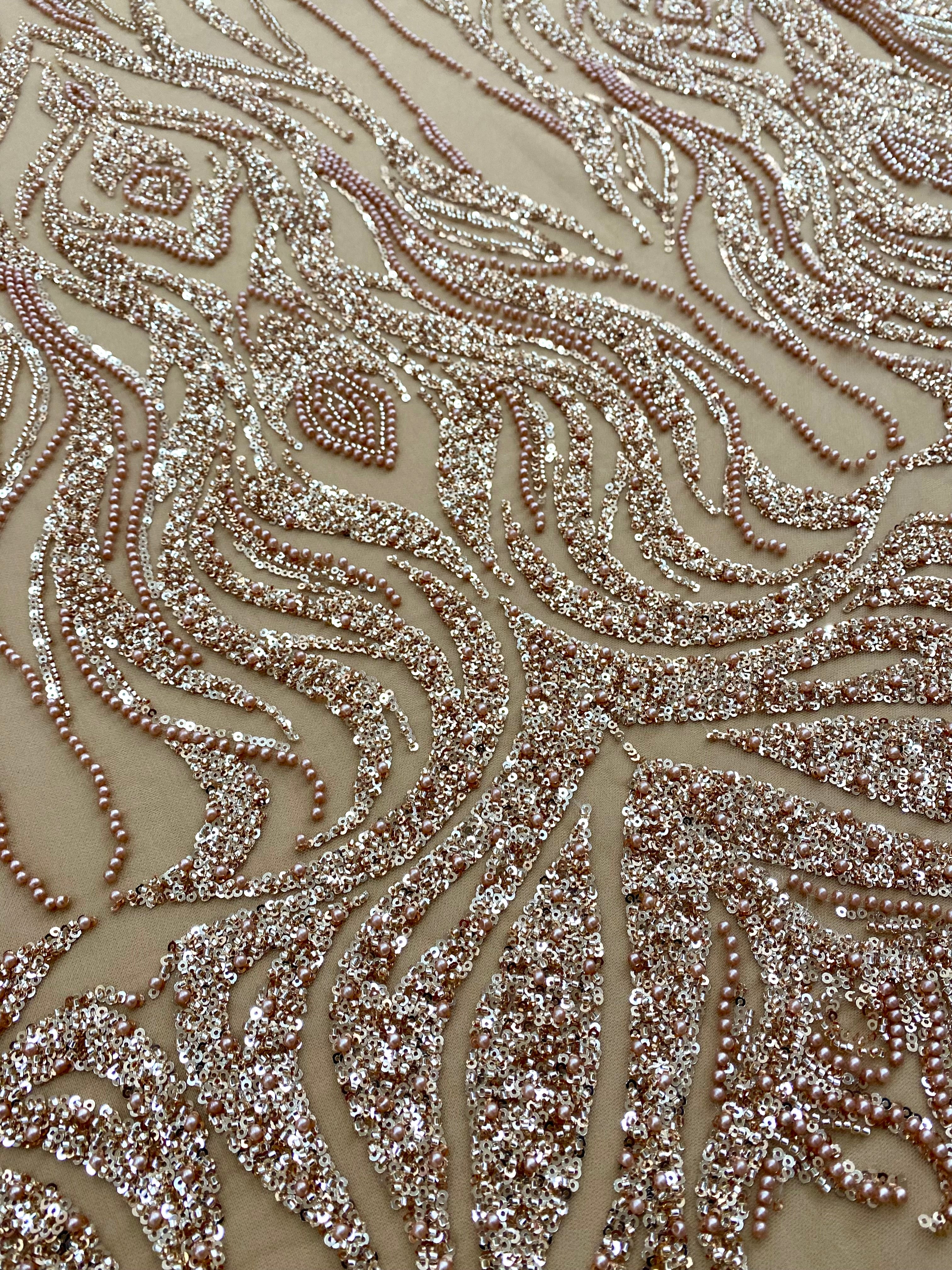 Rose Gold Couture Lace with Geometric Pattern, with Pearls, Beads and Sequins 