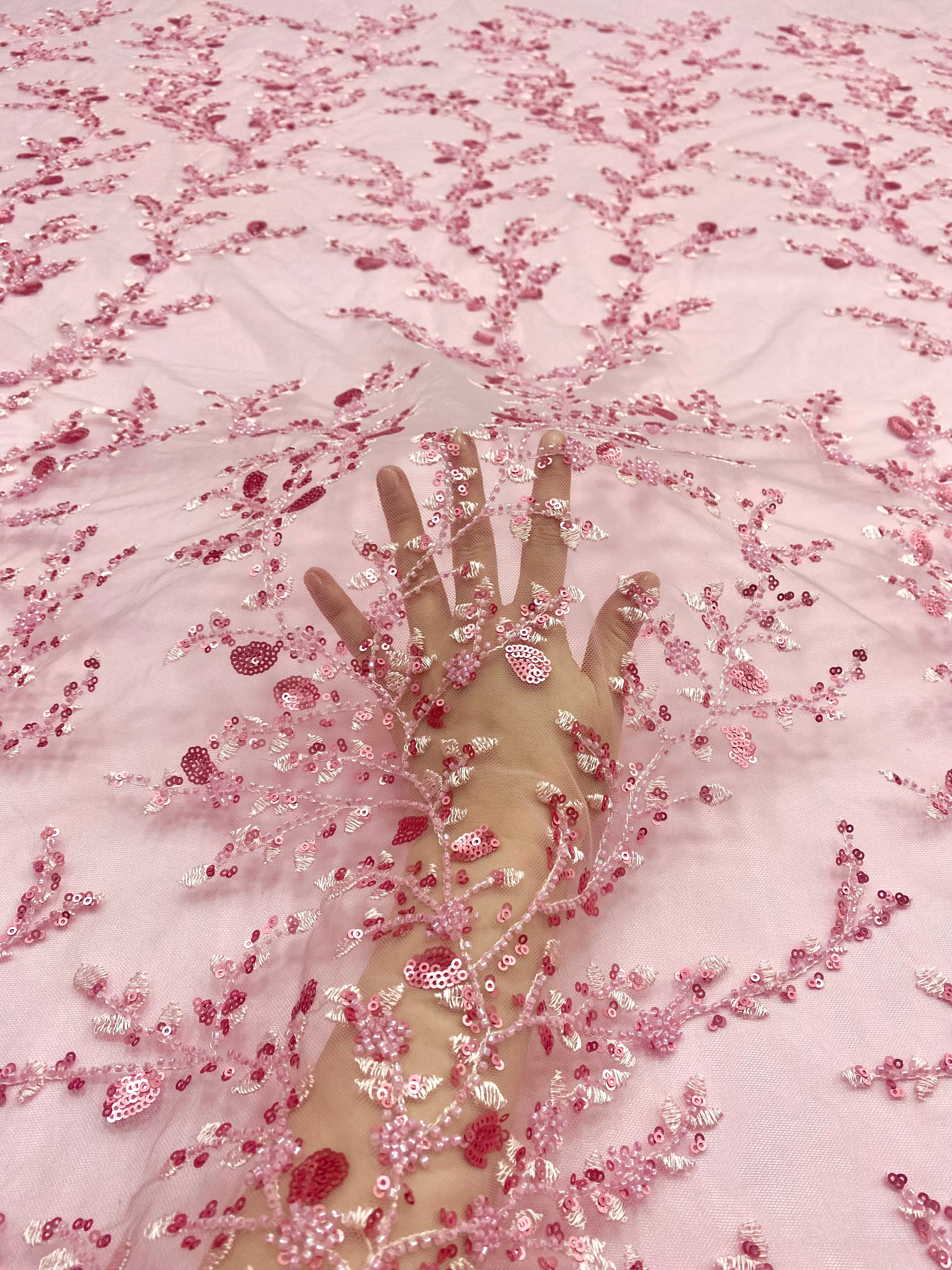 Pink Couture Lace with Floral Pattern, with Beads and Sequins