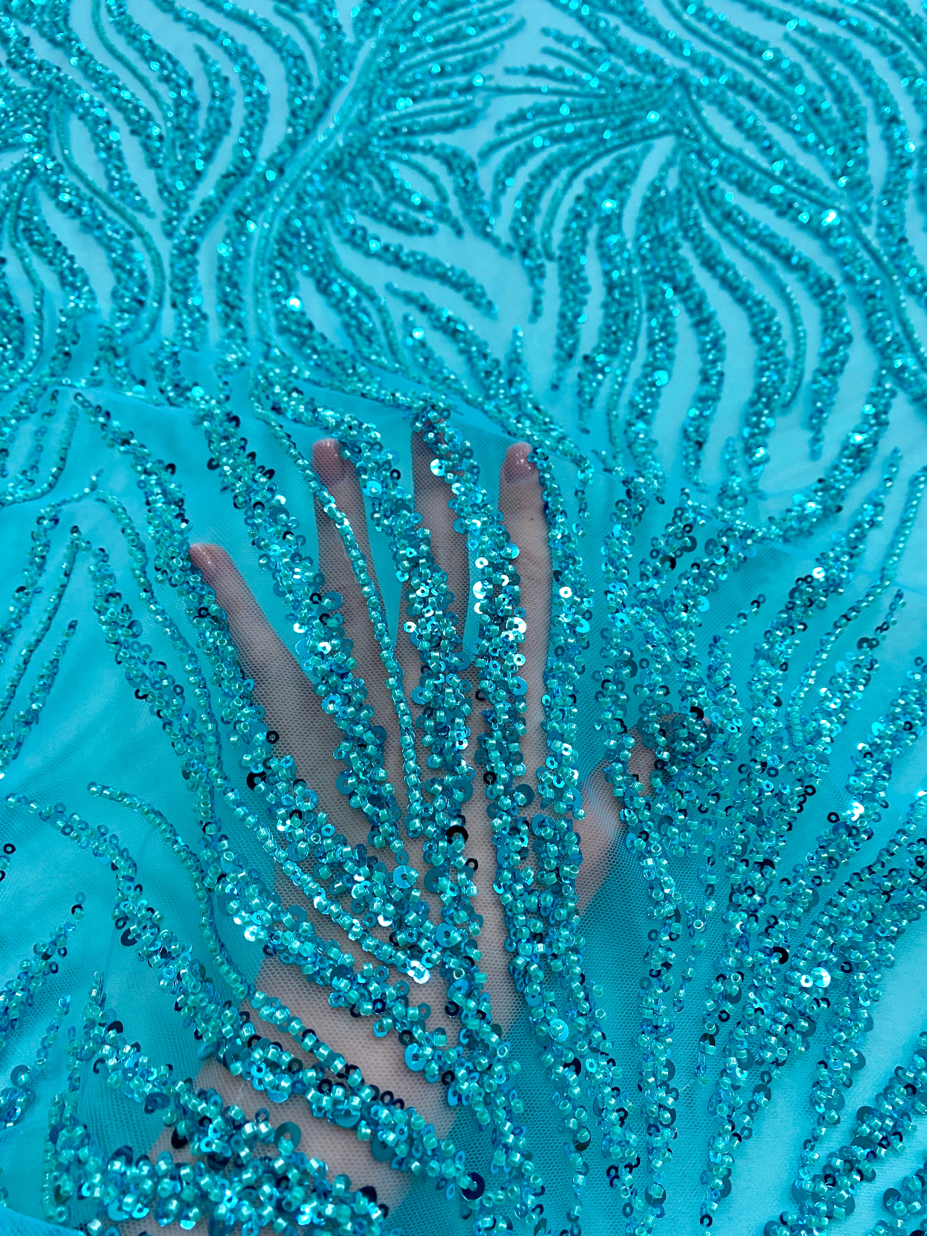 Turquoise Lace with Linear Pattern, with Beads and Sequins