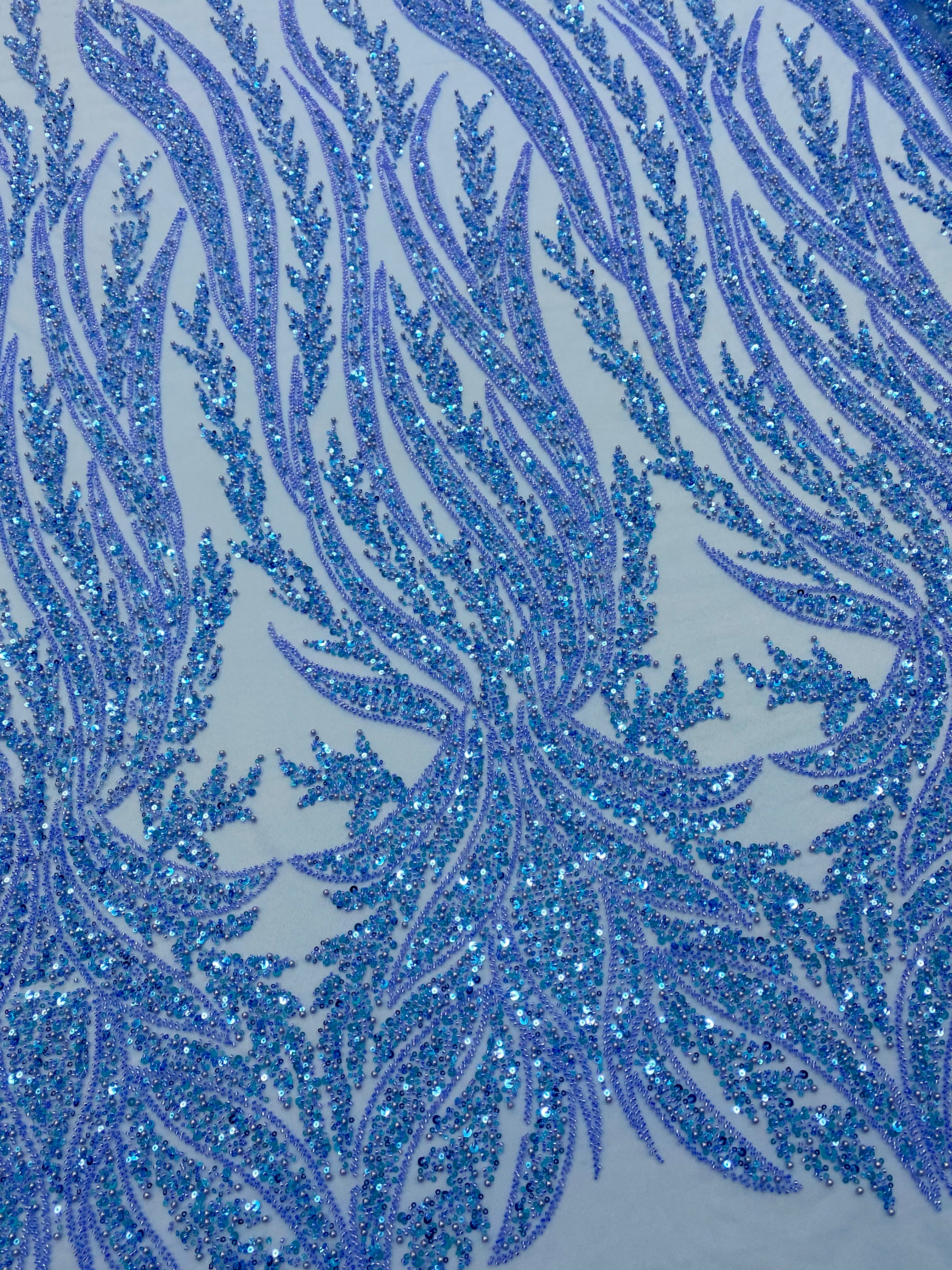 Silver Couture Lace on Blue Tulle, with Symmetrical Pattern, with Beads and Sequins 