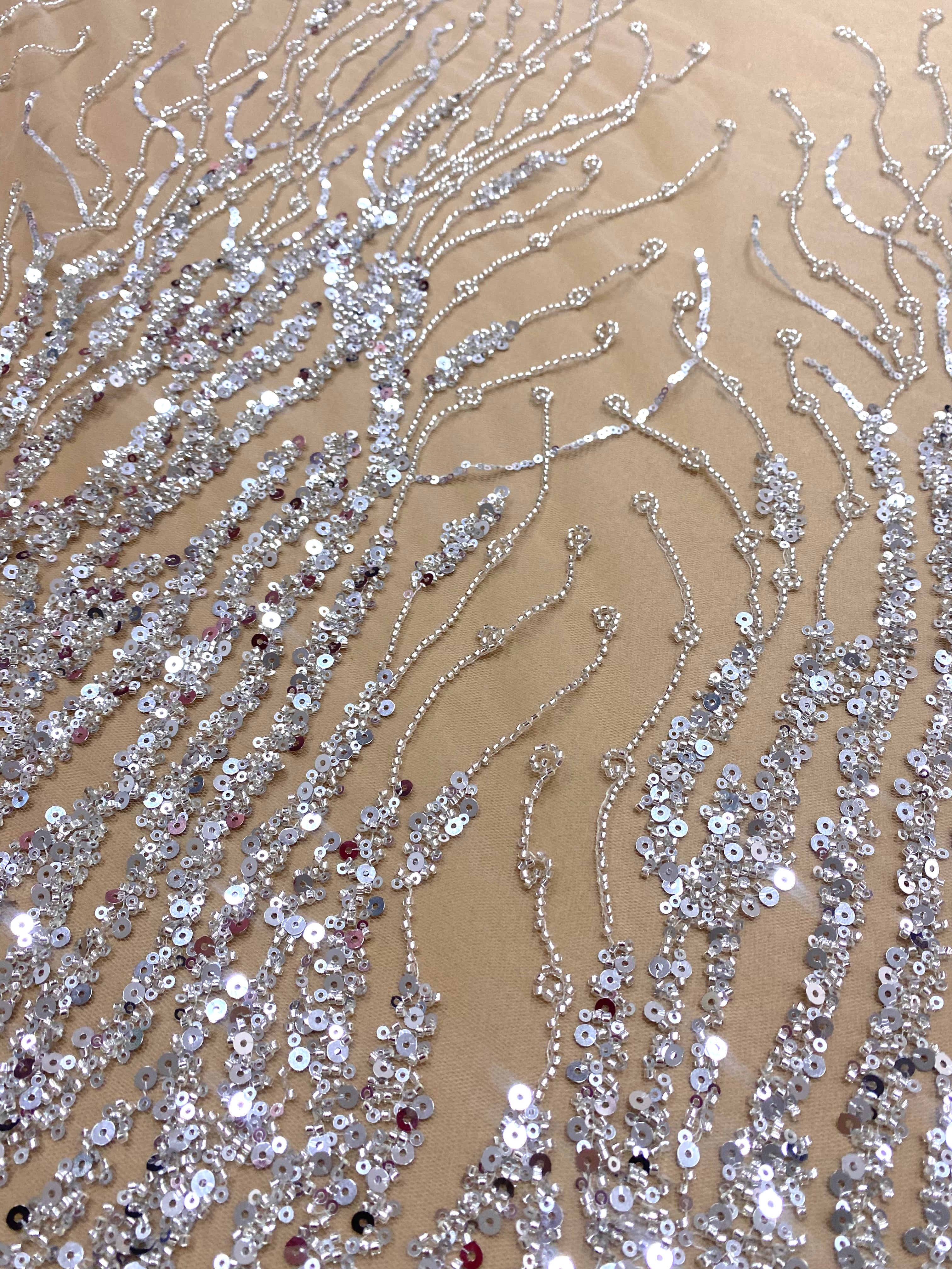 Silver Lace with Linear Pattern, with Pearls and Sequins