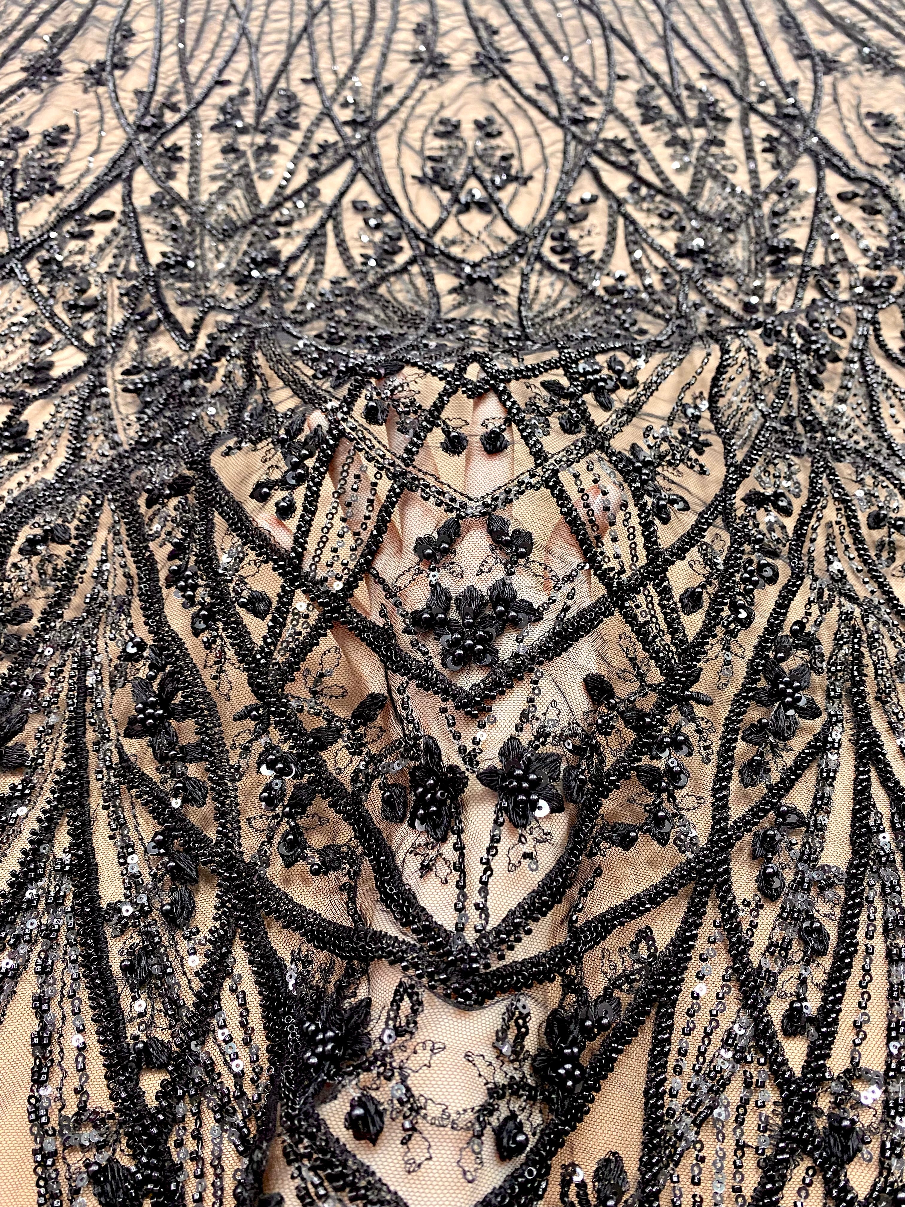 Black Couture Lace with Geometric Pattern, with Pearls, Beads and Sequins